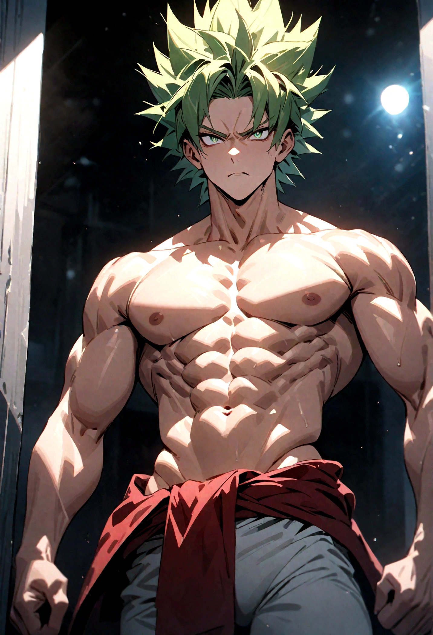 "(Best Quality,4K,8k,High resolution,masterpiece:1.2),Ultra-detailed,, Manga art wearing a headband、Forehead protector、male, Ivory skin, Thor、Wear a red loincloth around your waist、Green Hair、White trousers、Super Saiyan、Messy hair, green, spiky hair, sharp eyes, Grey Iris, Wear a black coat,  Naked torso, Muscular body, Sports Body, Sharp jaw line, Glare, Cold and mysterious personality, whole body, Sports Body, 8k, detailed feature, Very handsome, Dreamy look, Bright lighting, Blurred Background, 