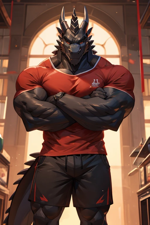 A black dragon (with some red) in a red T-shirt and shorts with a muscular body while crossing his arms 