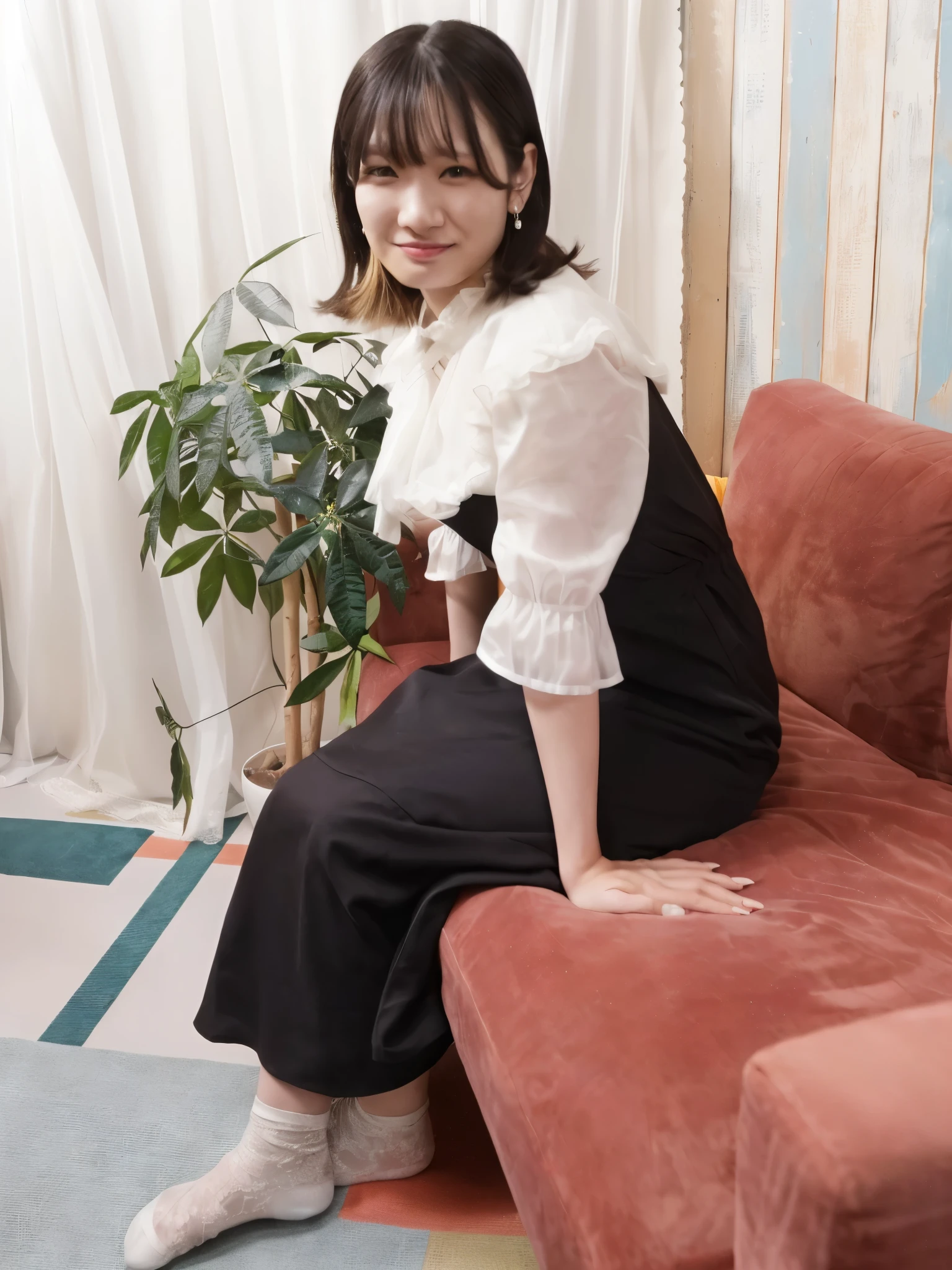 there is a woman sitting on a couch in a room, taken with canon 8 0 d, taken with canon eos 5 d, chiho, taken with canon eos 5 d mark iv, Yoshitomo Nara, taken with a canon eos 5d, taken with a canon eos 5 d, with black, taken with sony alpha 9