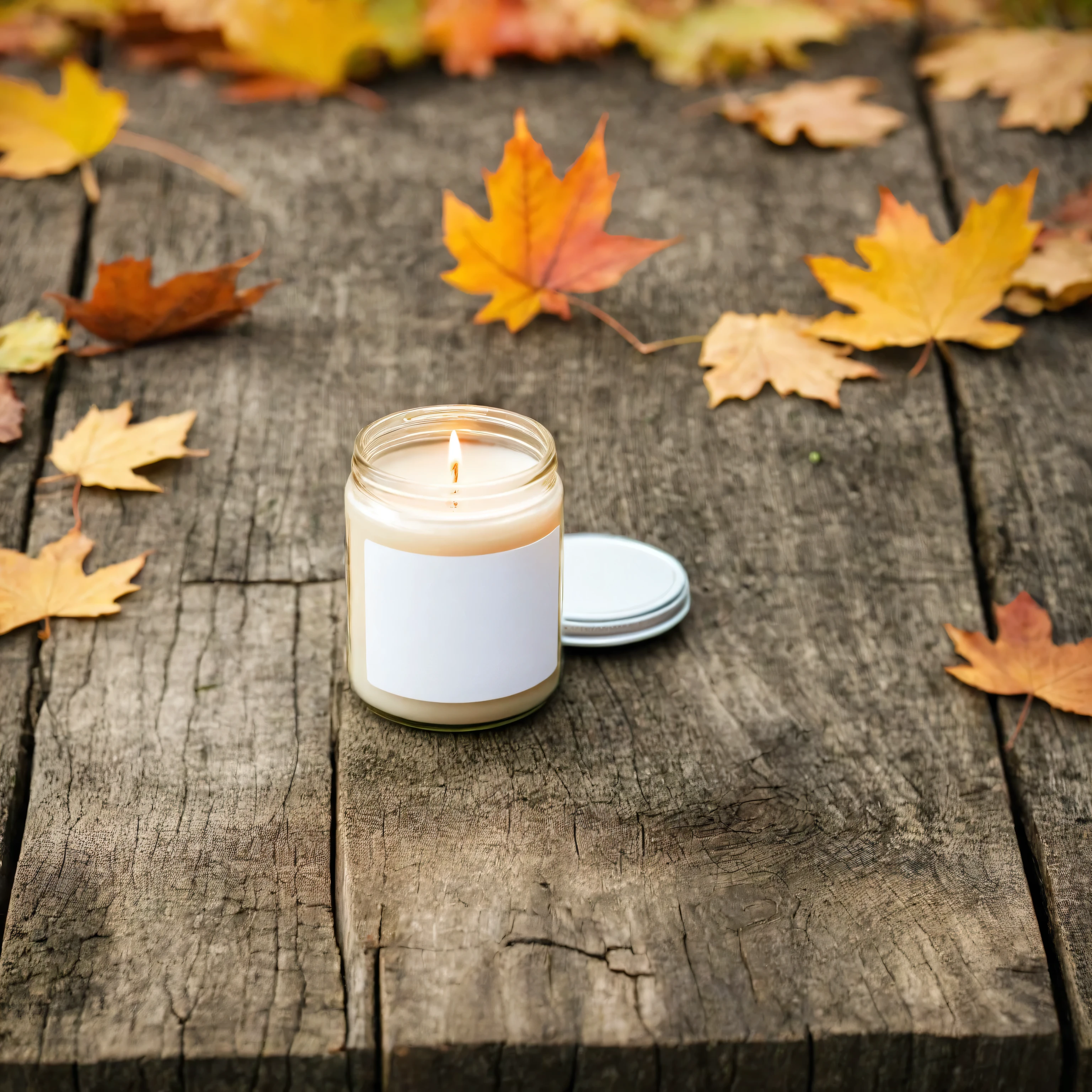 Mockup empty, a blank small beige candle in a jar with white label and black lid standing on a rustic wooden surface, with autumn garden in the background, macro photography