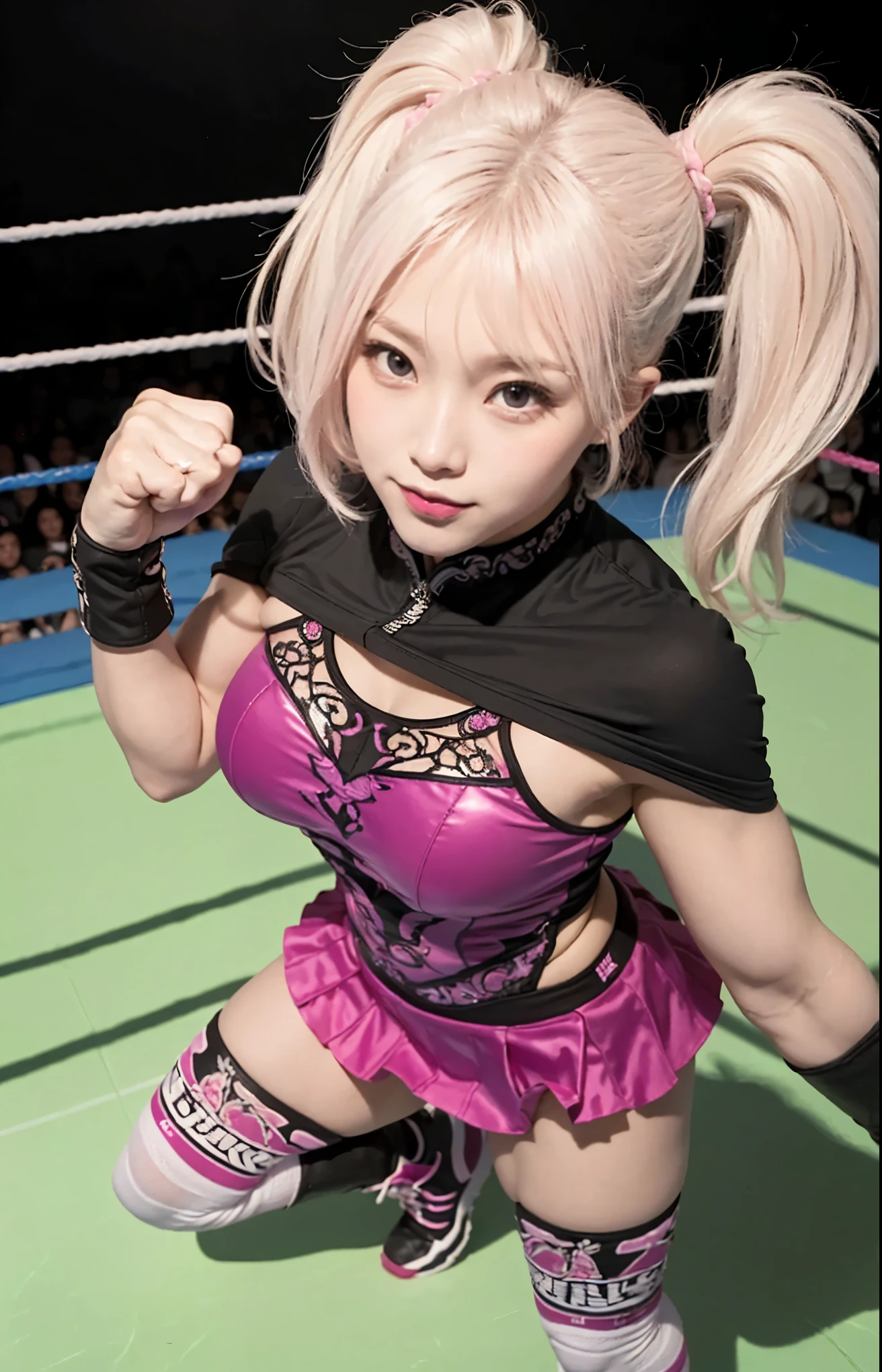 masterpiece, (high quality:1.4), (high resolution:1.2), (Realistic:1.4), big hip, knee up, gigantic breasts, flesh female wrestler, powerful punch by big fist, fighting pose, action pose, dynamic pose, fist for viewer, glossy, korean idol face, little smile, bare forehead, (((muscle))), abs, too mini skirt with frill, ((intricate) 3 tone pastel wrestling outfit:1.3), with Fluttering cape , (1 Arm up:1.0), fist up, large fist, short hair, twin tails, in WWE, thick thigh, sports boots, lighting for side, (((from above))), bokeh,