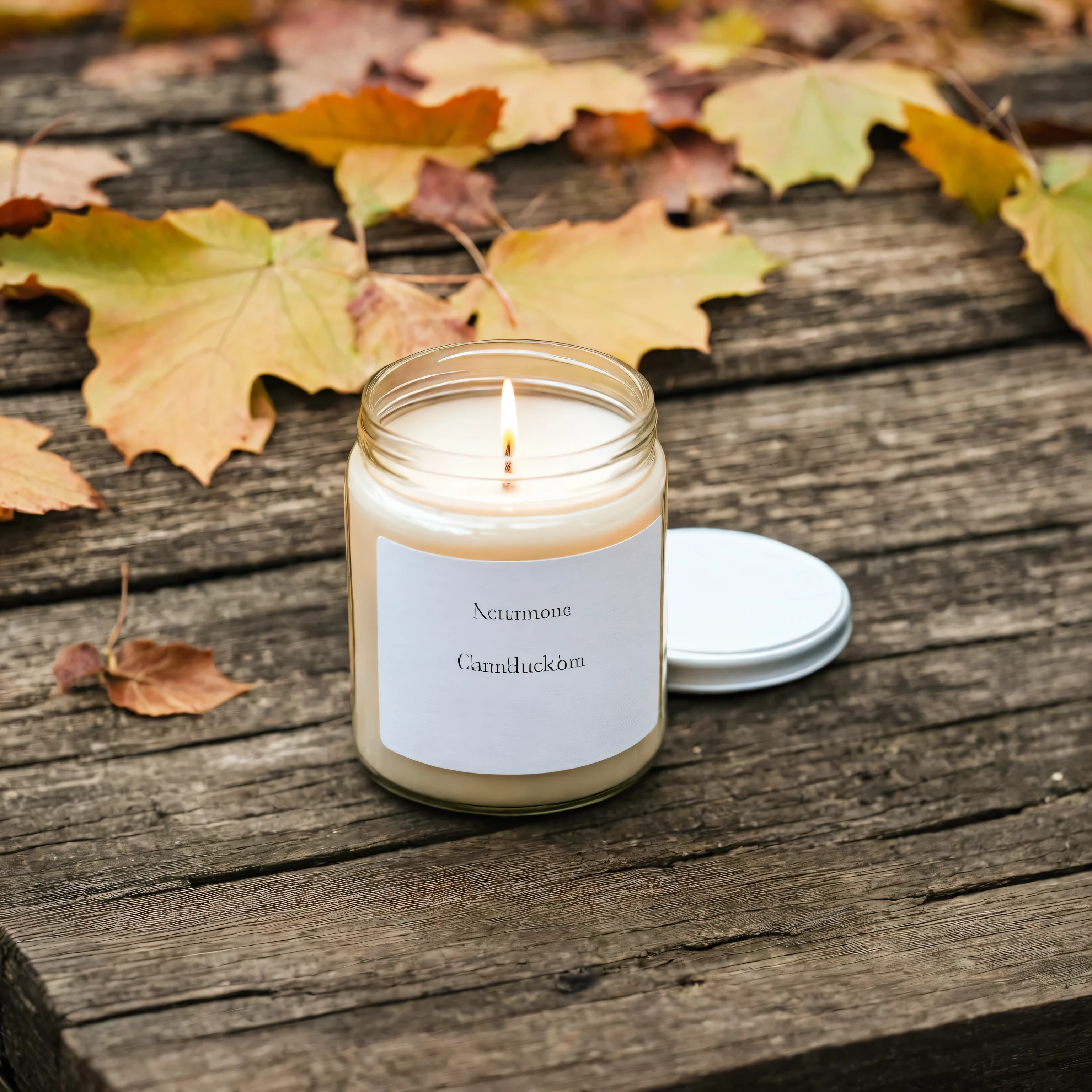 Mockup empty, a blank small beige candle in a jar with white label and black lid standing on a rustic wooden surface, with autumn garden in the background, macro photography