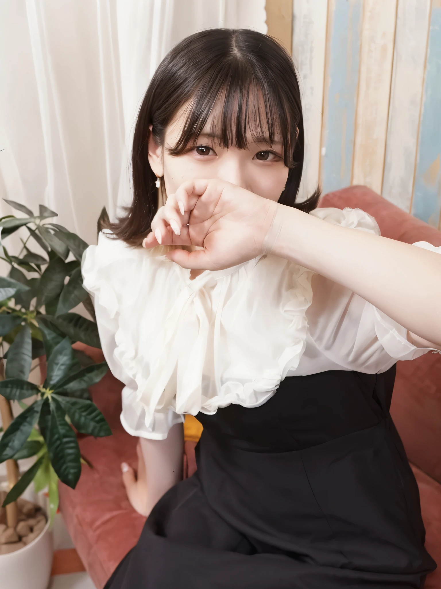 there is a woman sitting on a couch with a plant in the background, taken with canon 8 0 d, frilled blooming collar, chiho, taken with canon eos 5 d, shikamimi, Yoshitomo Nara, captured on canon eos r 6, frill, taken with a canon eos 5 d