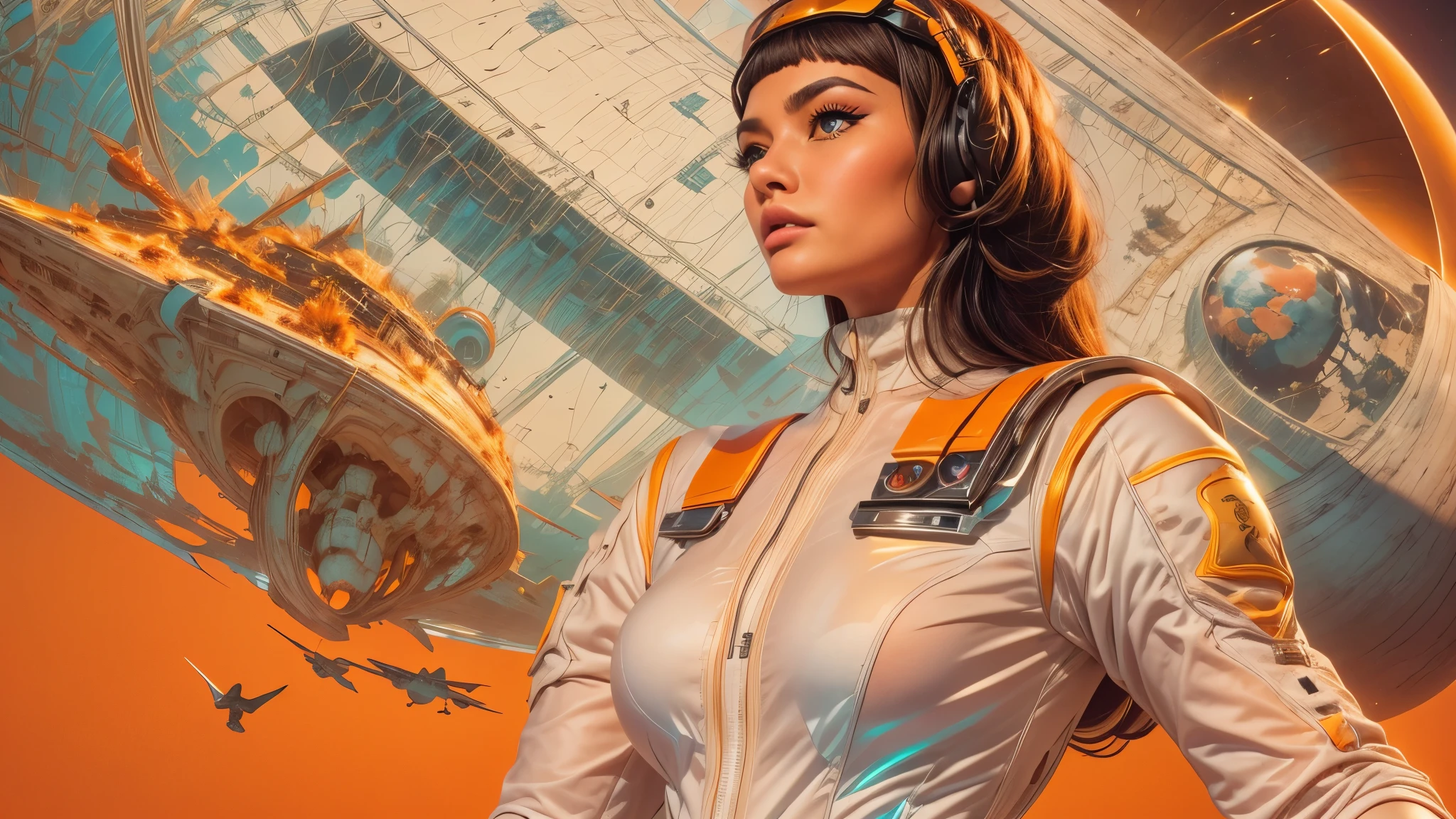 arafed image of a white woman in a futuristic suit with a spaceship in the background, movie art, in front of an orange background, inspired by Robert McGinnis, female protagonist, megastructure in the background, portrait of an ai astronaut, astronauts, an astronaut, portrait of a astronaut skeletor, perfect android girl, detailed eyes, perfectly detailed teeth, frank franzzeta and sakimichan
