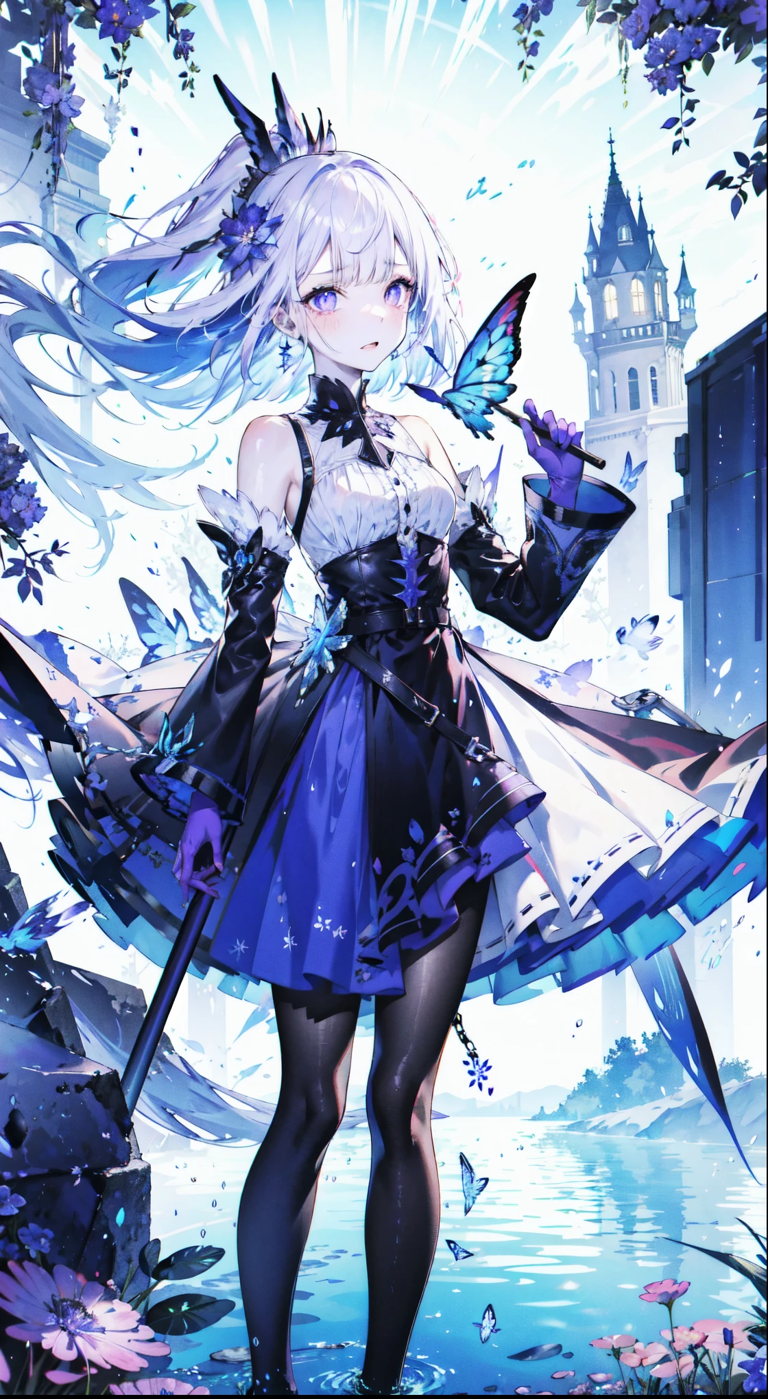 ((masterpiece:1.4,best quality)),(Super detailed),(Extremely detailed eyes),(black leggings,Shiny socks:1.5),Hello Darkness
(Cute girls),15 years old,(Blood-red pupils,Diamond-shaped pupil:1.15),Purple Eyeshadow,(elongated hair,Thick hair,Single ponytail,shiny hair:1.5)(Changes through:1.2),White skin,despair,sad,Empty eyes,tears streaming down my face,tilting its head to the side,kneel
(She wears blue armor,A blue dress,:1.5),(blue gloves:1.4)Very long plush sleeves,White,White Cloud,Dream bubbles ,Ice and glitter effects
(Black long skirt:1.1),
(dawn:1.2),
(Intense black and white:1.16),(Depth of Field:1.4),,Intricate details,(Castle in the Sky,Standing by the lake,Purple flowers by the lake)