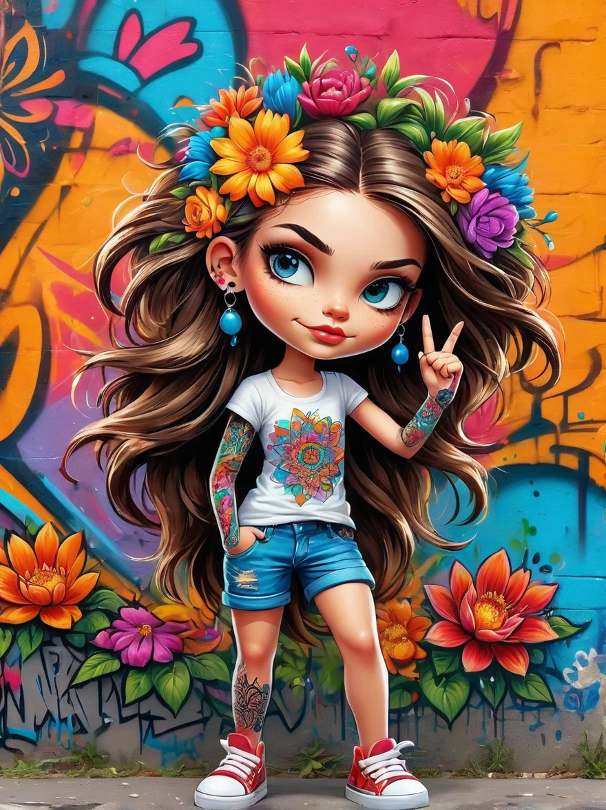 (Rebellious European girl),Brightly colored tattoos on arms and legs,(Middle finger raised:1.3),Provocative gestures,Flowing long hair,Arrogant expression,Graffiti art style,Bold and bright colors,It should be surrounded by intricate,Detailed flowers and mandalas,Comic Art,Anatomically correct, Textured Skin, Standing in front of a graffiti style background,Add whimsy to the scene, To enhance the sharpness and modernity of the scene,Sharp lines,Bold brushstroke numbers