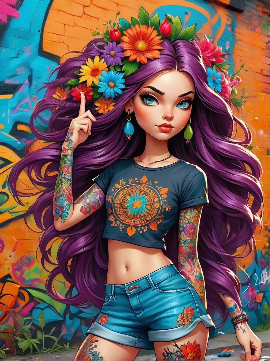 (Rebellious European girl),Brightly colored tattoos on arms and legs,(Middle finger raised:1.3),Provocative gestures,Flowing long hair,Arrogant expression,Graffiti art style,Bold and bright colors,It should be surrounded by intricate,Detailed flowers and mandalas,Comic Art,Anatomically correct, Textured Skin, Standing in front of a graffiti style background,Add whimsy to the scene, To enhance the sharpness and modernity of the scene,Sharp lines,Bold brushstroke numbers