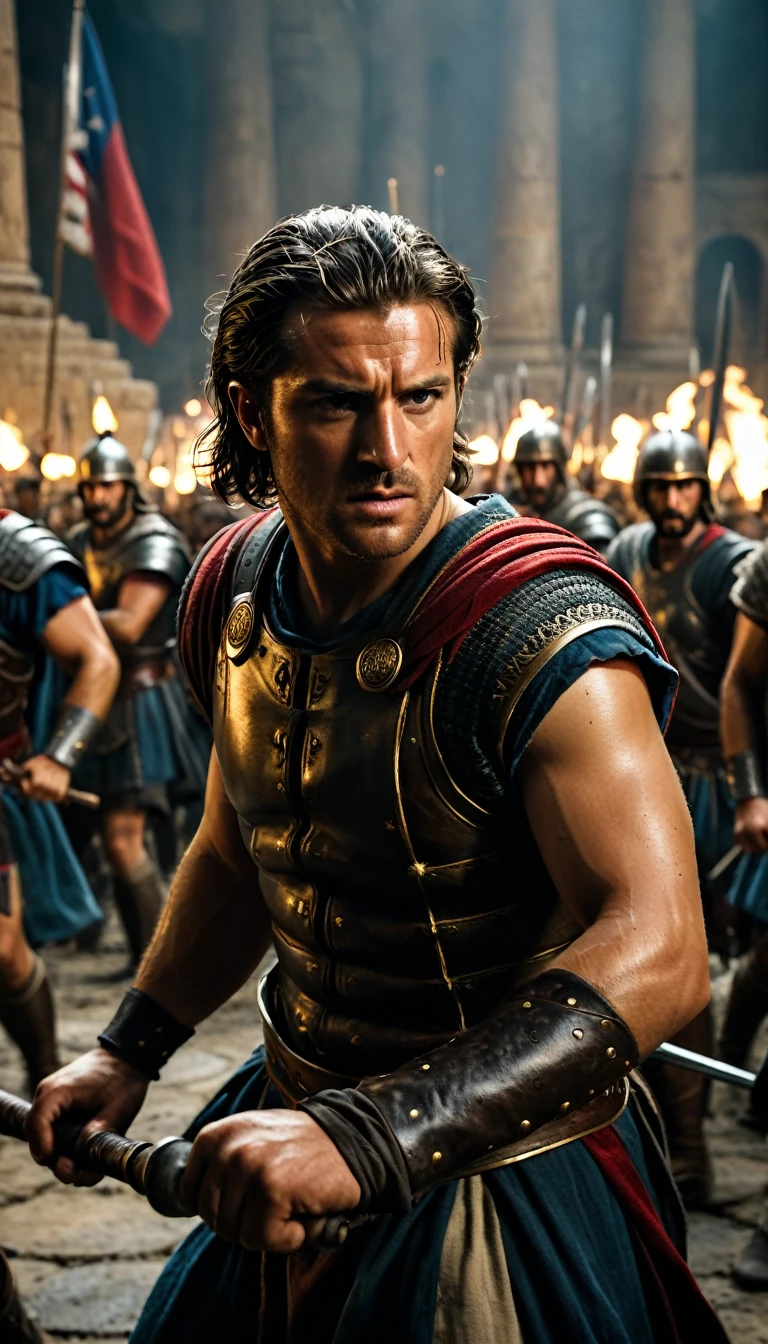 Cinematic style, An intense moment capturing the pivotal turning point of the battle, with the Greeks rallying against the Persian onslaught, background dark, hyper realistic, ultra detailed hyper realistic, photorealistic, Studio Lighting, reflections, dynamic pose, Cinematic, Color Grading, Photography, Shot on 50mm lens, Ultra-Wide Angle, Depth of Field, hyper-detailed, beautifully color, 8k, golden light from the front