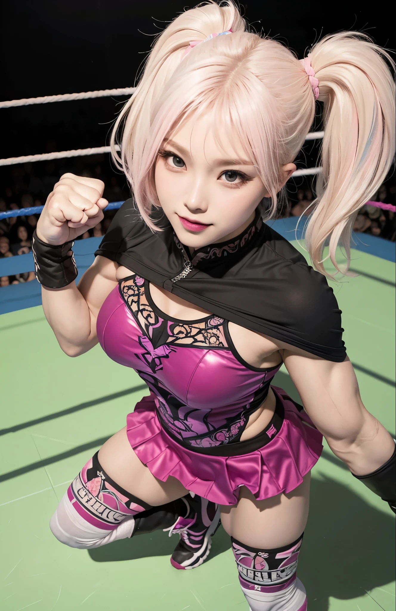 masterpiece, (high quality:1.4), (high resolution:1.2), (Realistic:1.4), big hip, knee up, gigantic breasts, flesh female wrestler, powerful punch by big fist, fighting pose, action pose, dynamic pose, fist for viewer, glossy, korean idol face, little smile, bare forehead, (((muscle))), abs, too mini skirt with frill, ((intricate) 3 tone pastel wrestling outfit:1.3), with Fluttering cape , (1 Arm up:1.0), fist up, large fist, short hair, twin tails, in WWE, thick thigh, sports boots, lighting for side, (((from above))), bokeh,