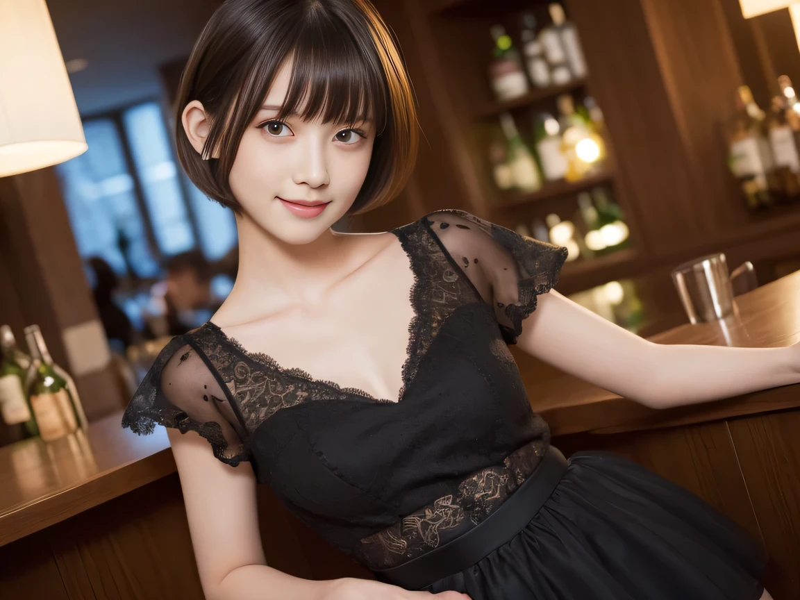 (Highest quality, masterpiece, Ultra-high resolution, 8K, RAW Photos, Realistic, Anatomically correct:1.5), 20-year-old girl:1.2, Embarrassing, avert your eyes, blush:1.0, View Viewer, ((Bar Lounge)) 、Night view、 Light:1.2, Bokeh, Cinema Lighting:1.0, Depth of written boundary, sharp、 Cute face、Idol、Black short sleeve lace top、Black pleated skirt、Black clothing、”dwarf”、(Floral clothes)、(Full Body Shot)、Side angle、Cowboy Shot、 smile、(Ultra short hair)、(Short bob cut)、(Straight bangs)、((See-through))、(( One Girl))、Large Breasts、