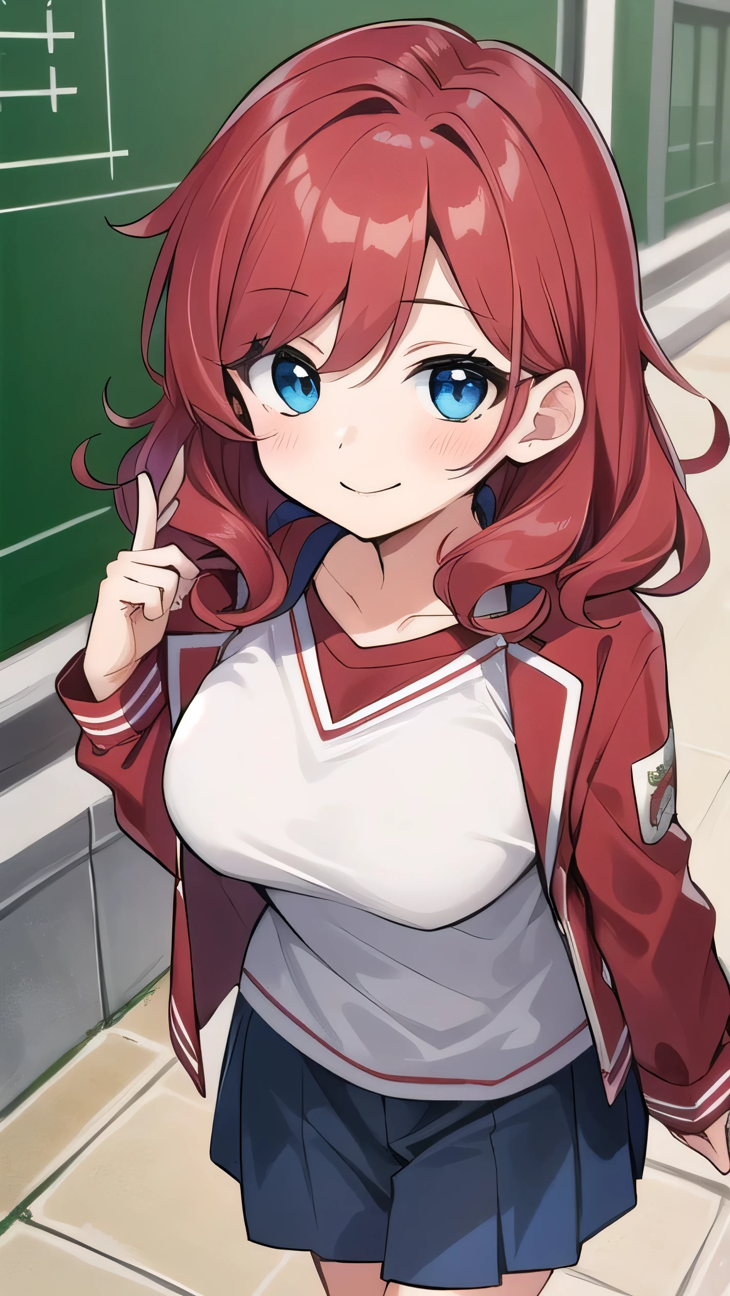 Big breasts, red hair, blue eyes, droopy eyes, red jacket, super big breasts, (medium hair: 1.3), baggy clothes, elementary school student, young face, short height, 10 years old,, shy , smiling a little, straight hair，, cute clothes, 