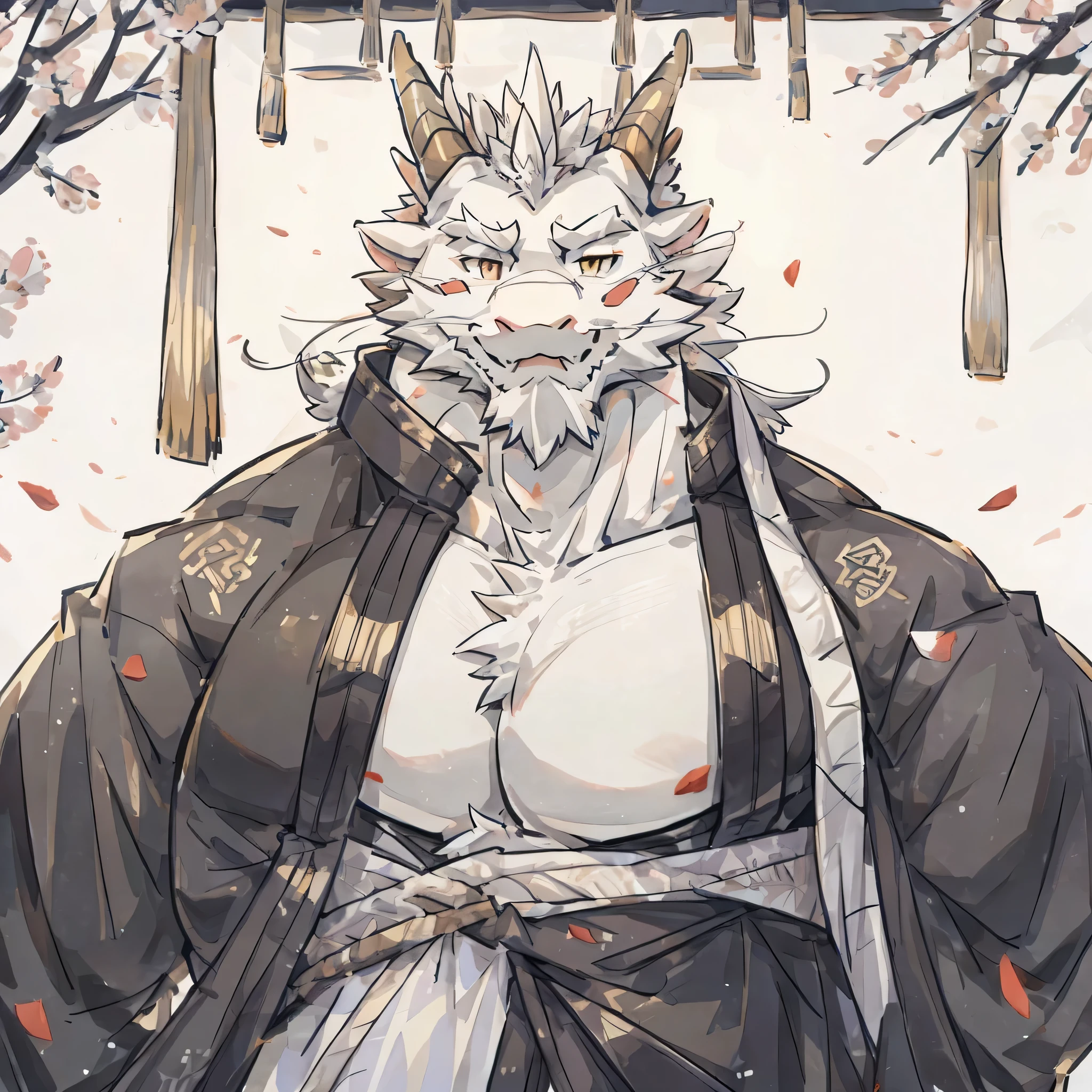 (white eastern dragon),furry,white mustache,big pecs,hearty males,muscular,black imperial robe,adult,traditional_chinese_room,head portrait