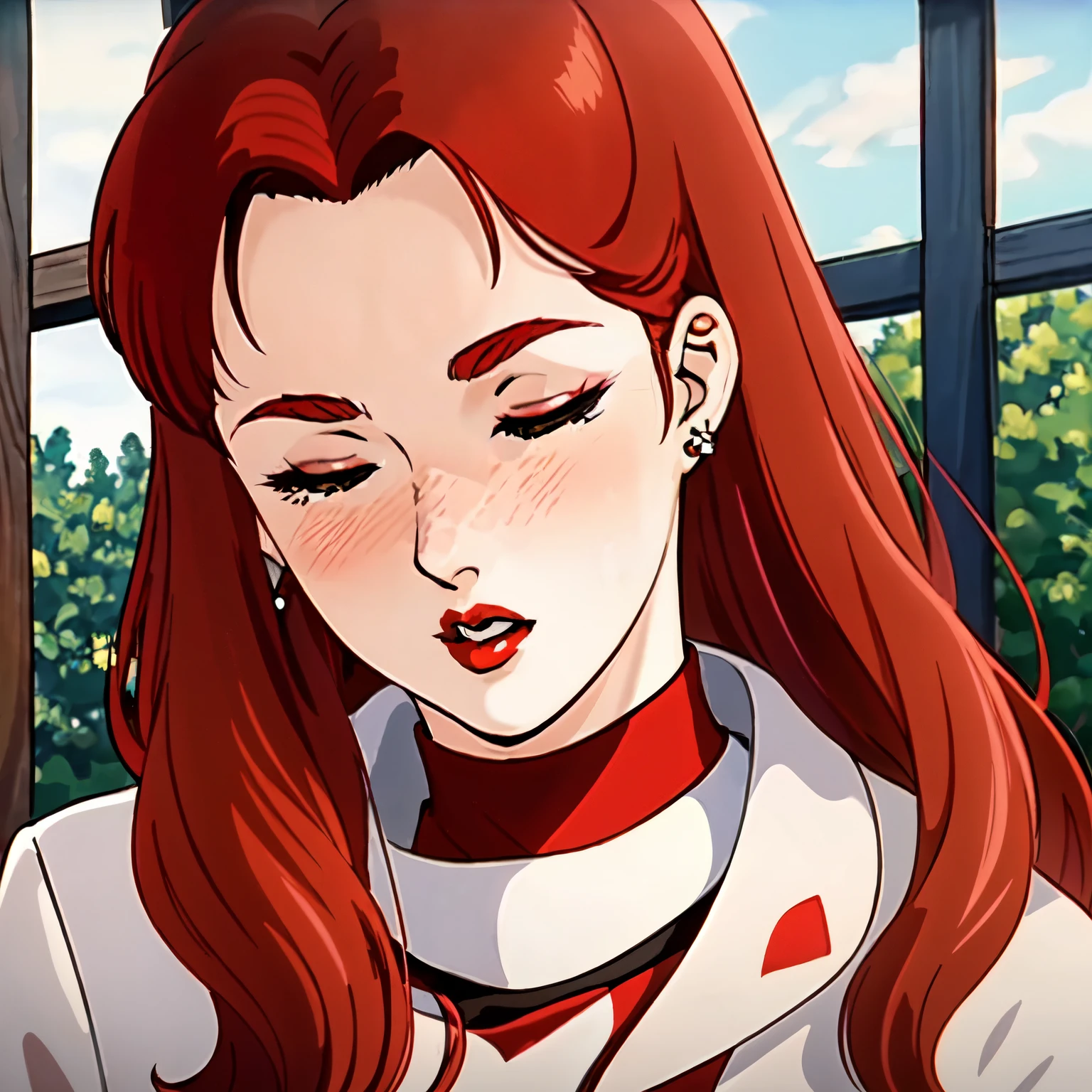 masterpiece,highres,high quality,upscaled,christinamackenzie,1girl, earrings, face close-up, (red eyeshadow: 1.2), partially closed eyes, open mouth, (red lips:1.1), choker, (face blush:1.1), (pale skin:1.2), (long hair:1.2),parted bangs,red hair,green eyes,