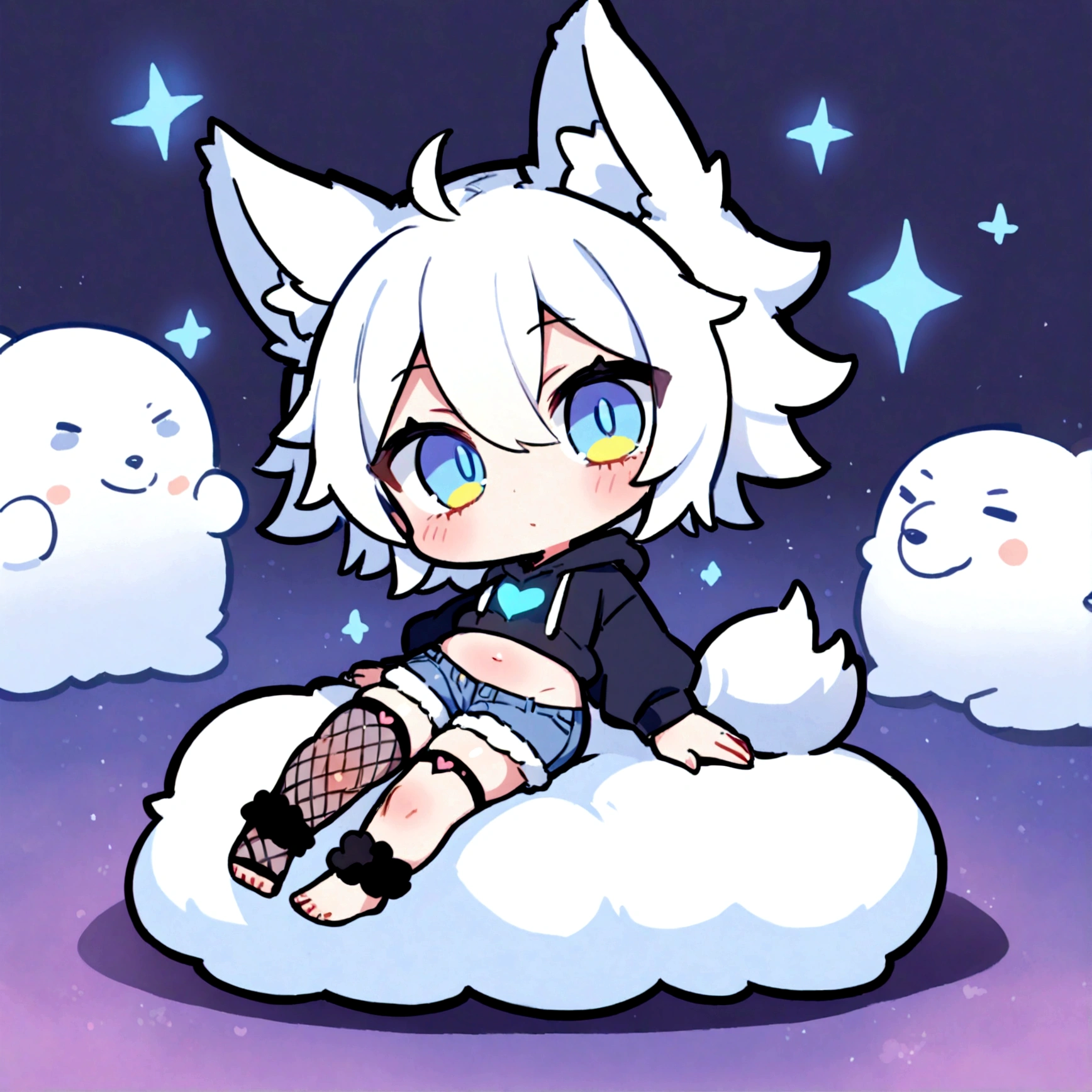 a cute chibi style adult male with wolf ears, white hair, has a wolf tail, wearing a loose cropped oversized black hoodie, wearing a pair of denim short shorts and fishnet stockings, thick thighs, wide hips, relaxing on mound of fluffy animal plushies, short, very slim, showing slender tummy, stretching out, heart on hoodie, squishy thighs, has glowing blue eyes
