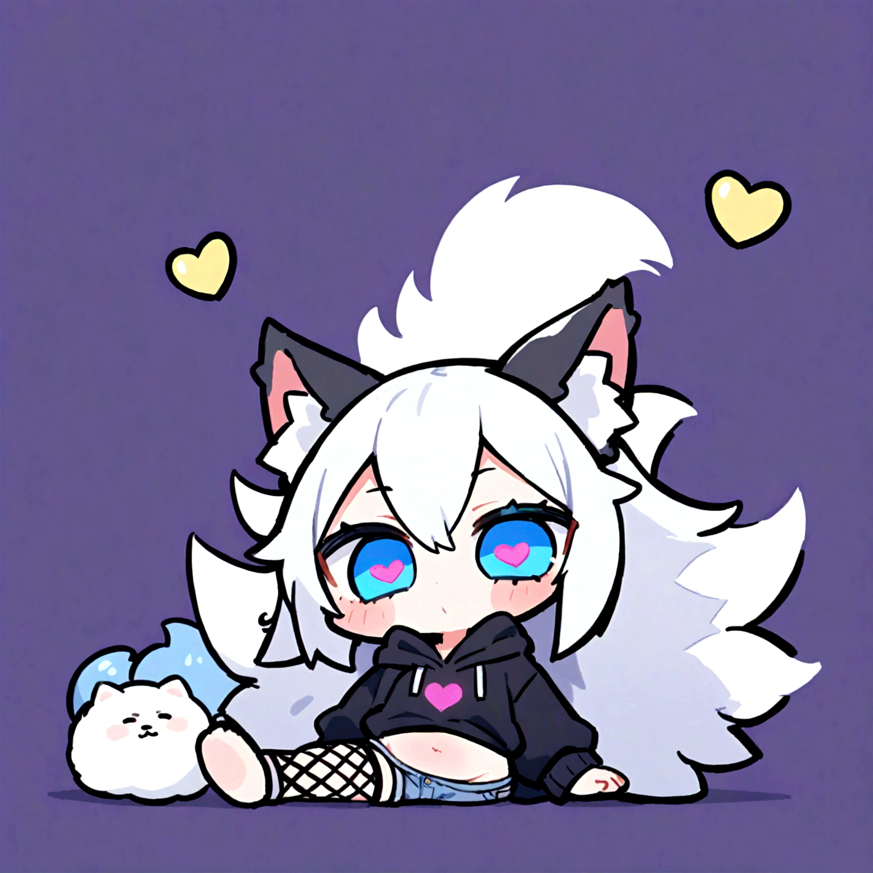 a cute chibi style adult male with wolf ears, white hair, has a wolf tail, wearing a loose cropped oversized black hoodie, wearing a pair of denim short shorts and fishnet stockings, thick thighs, wide hips, relaxing on mound of fluffy animal plushies, short, very slim, showing slender tummy, stretching out, heart on hoodie, squishy thighs, has glowing blue eyes
