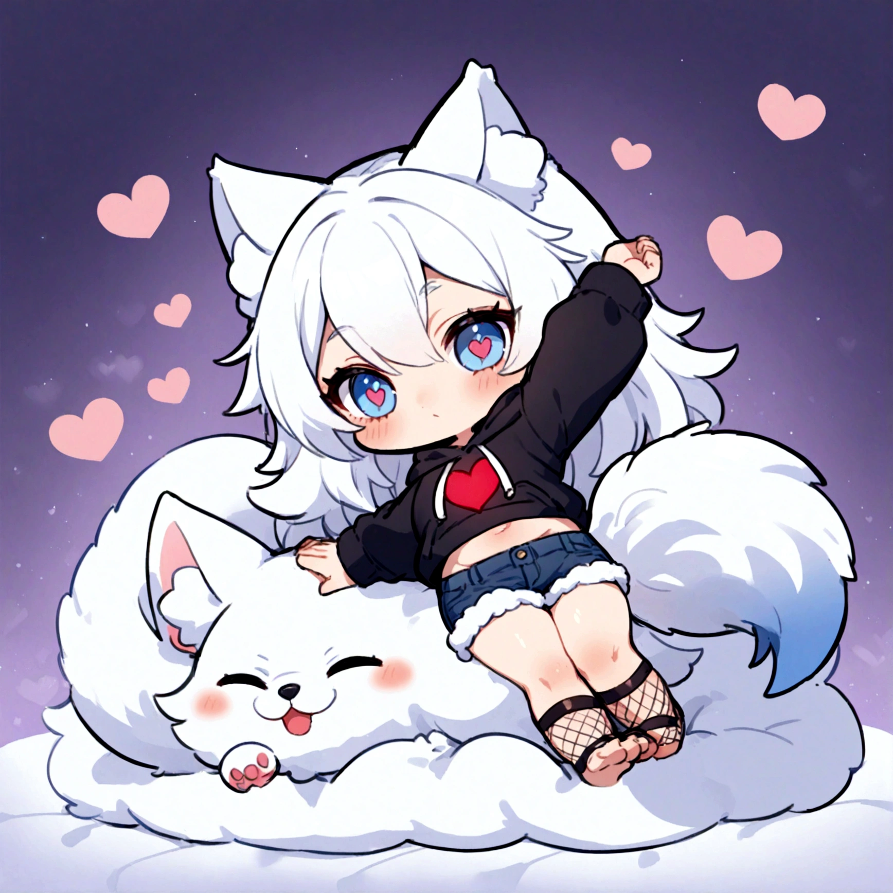 a cute chibi style adult male with wolf ears, white hair, has a wolf tail, wearing a loose cropped oversized black hoodie, wearing a pair of denim short shorts and fishnet stockings, thick thighs, wide hips, relaxing on mound of fluffy animal plushies, short, very slim, showing slender tummy, stretching out, heart on hoodie, squishy thighs, has glowing blue eyes
