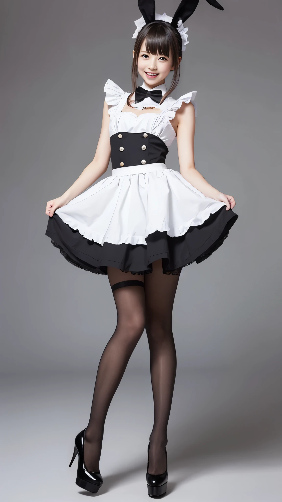 Bunny girl in a colorful maid outfit:1.5,Wearing black tights:1.5,The best smile:1.5,Full Body Shot:1.5,Gray background:1.5,Wearing black high heels:1.5,Lift up your skirt with your hands:1.5