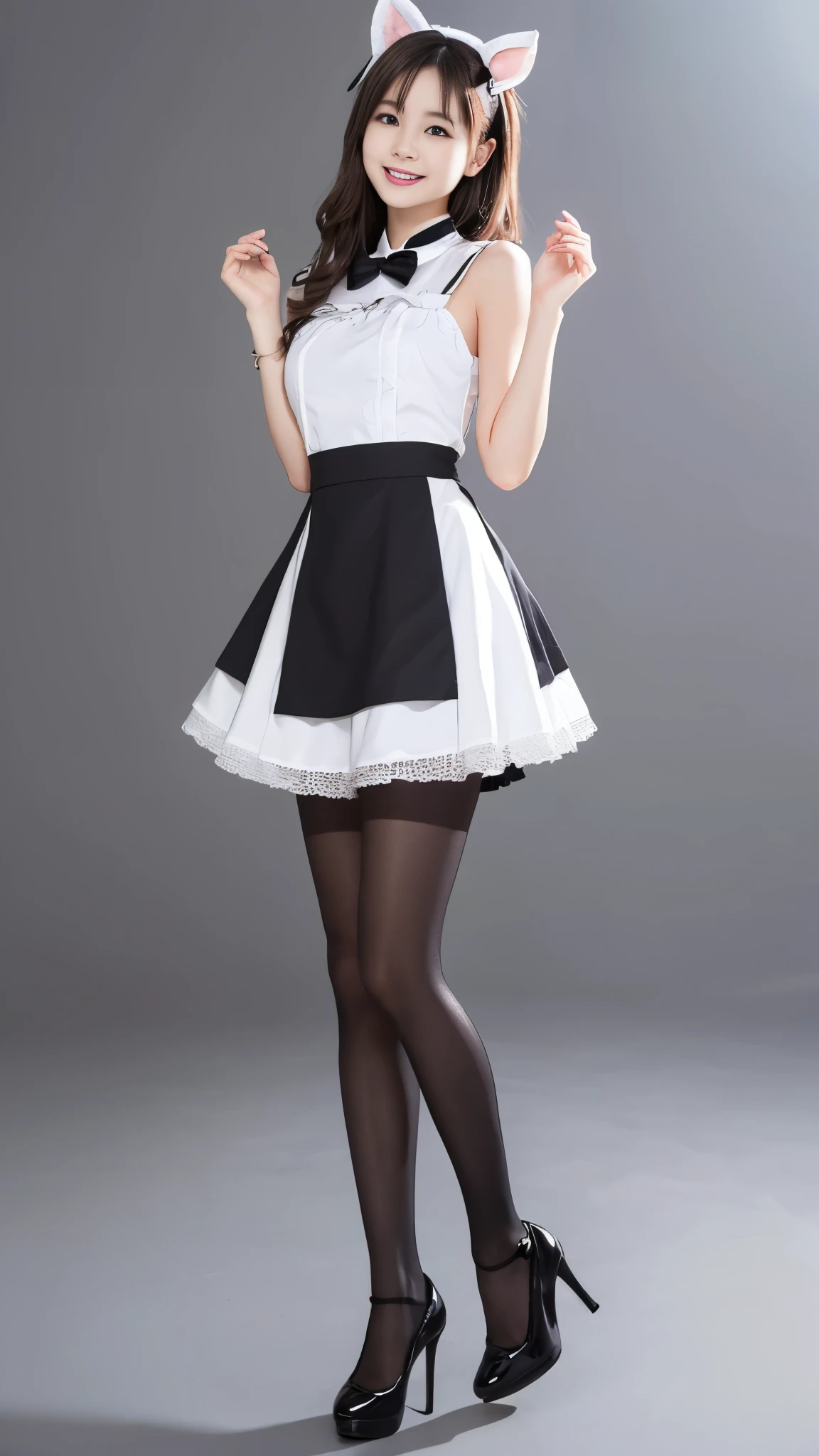 Bunny girl in a colorful maid outfit:1.5，Wearing black tights:1.5，The best smile:1.5，Full Body Shot:1.5，Gray background:1.5，Wearing black high heels:1.5，Lift up your skirt with your hands:1.5