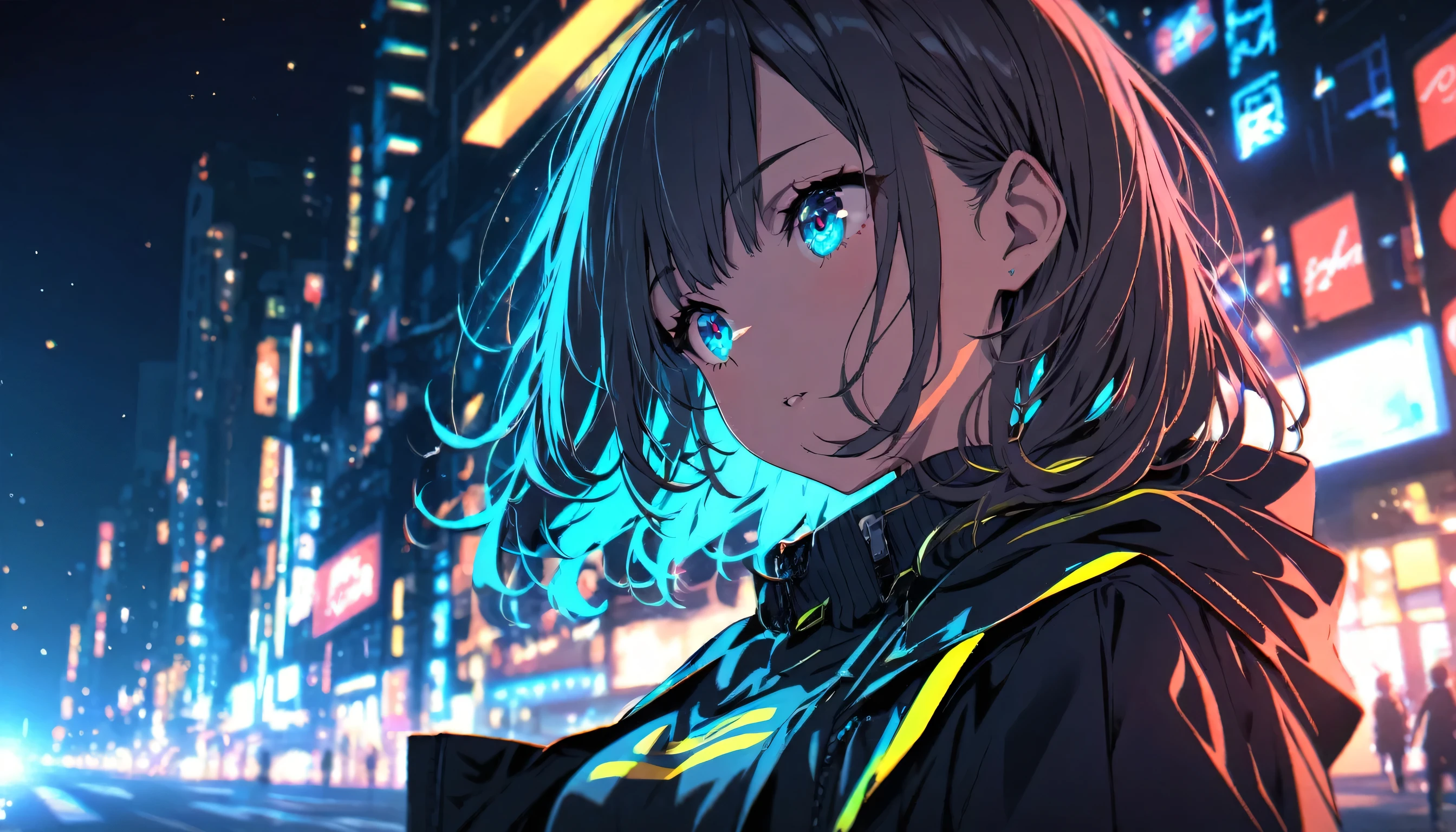 girl, 1 person,  Night view, Neon feel, Momentum