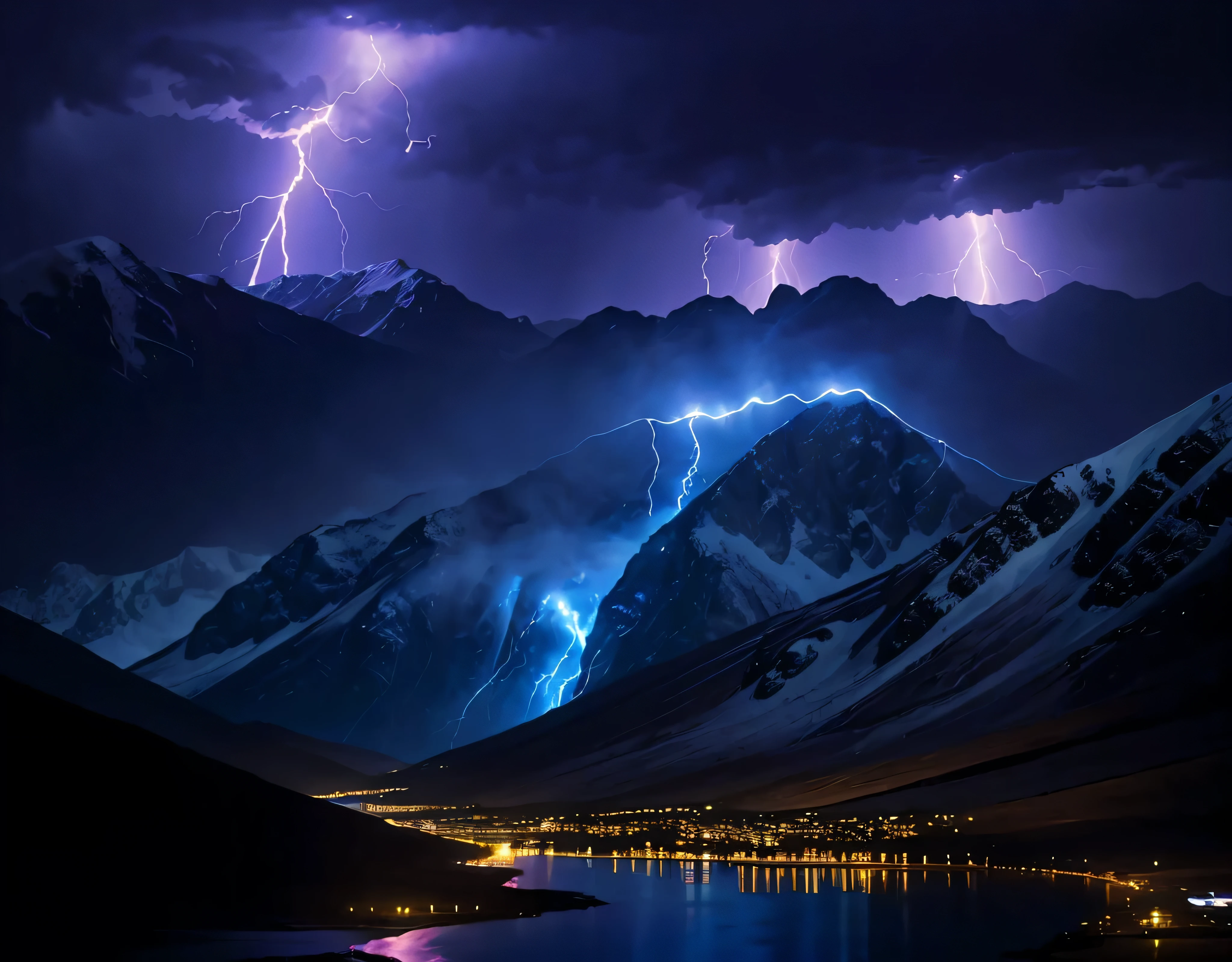 A single photo、Lightning reflecting on the lake、Close-up shot of a violent lightning bolt、Multiple violent lightning strikes、Rugged Mountain々、The mountain was covered with snow々、(Ultra-realistic:1.2), High resolution, (Bright colors, High resolution:1.1), (Sharp focus:1.1), (Physically Based Rendering:1.1), Tyndall effect, Colorful lights, (((Severe lightning strike)), Beautiful perspective, Contrasting Shadows, moving composition, Realistic landscape, unique configuration, Soft texture, Intricate details, Mysterious atmosphere, An artistic exploration of light and shadow,A world view that will captivate all who see it、The world of nature、Altitude 3000m