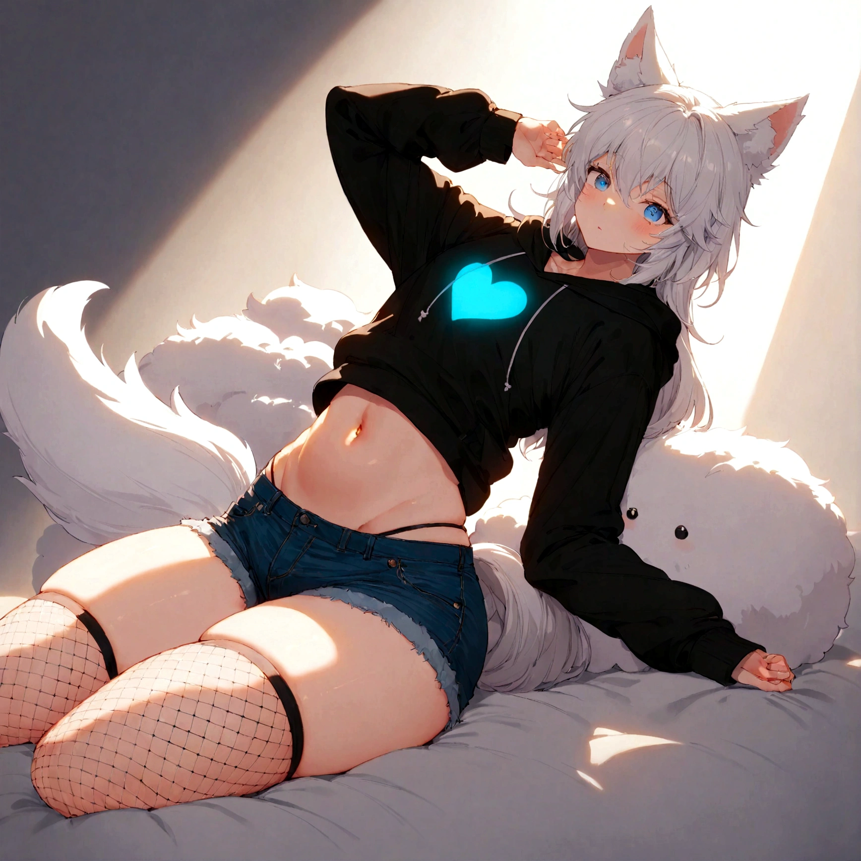 a cute adult male with wolf ears, white hair, has a wolf tail, wearing a loose cropped oversized black hoodie, wearing a pair of denim short shorts and fishnet stockings, thick thighs, wide hips, relaxing on mound of fluffy animal plushies, short, very slim, showing slender tummy, stretching out, heart on hoodie, squishy thighs, has glowing blue eyes