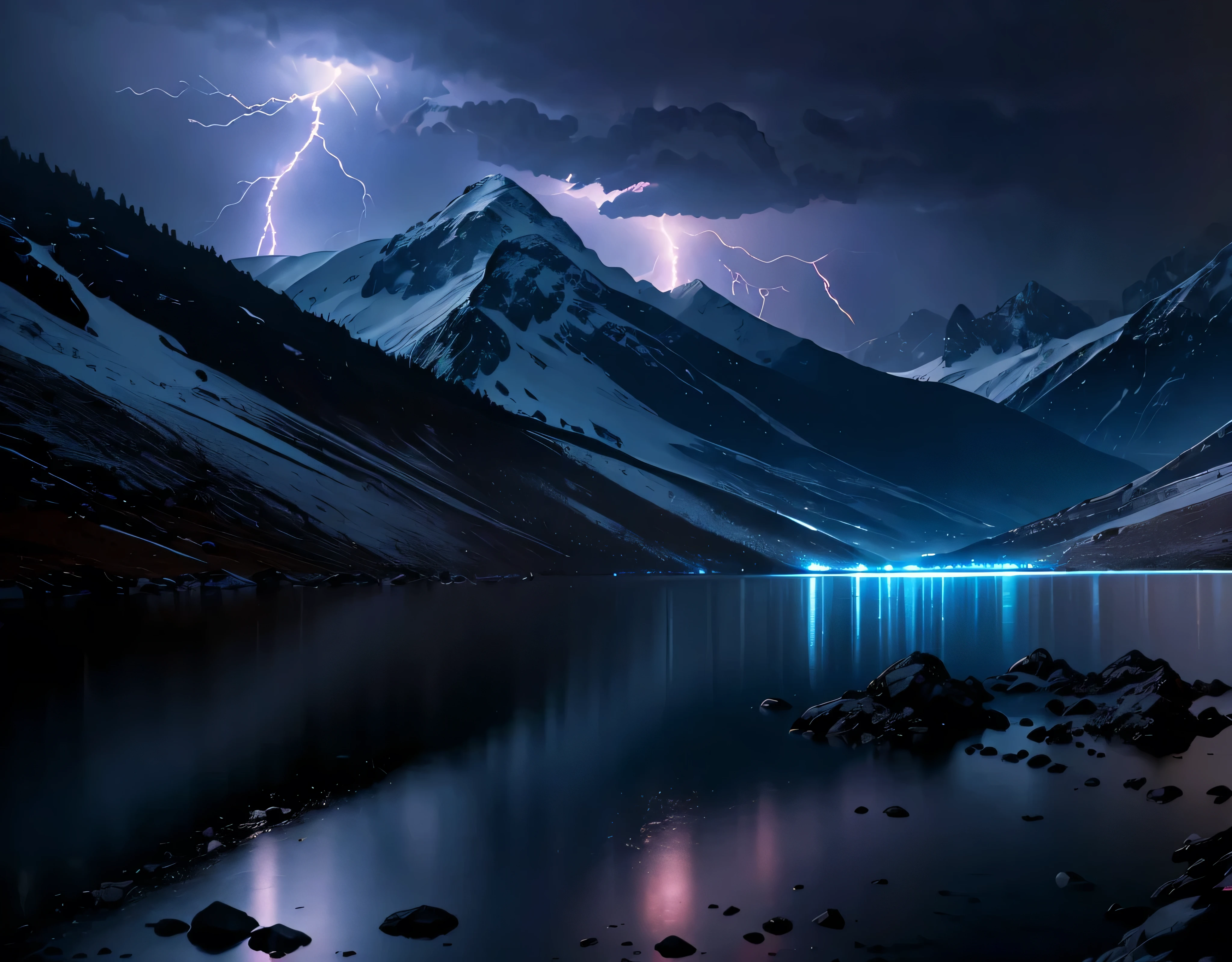 A single photo、Close-up shot of a violent lightning bolt、Multiple violent lightning strikes、Rugged Mountain々、The mountain was covered with snow々、(Ultra-realistic:1.2), High resolution, (Bright colors, High resolution:1.1), (Sharp focus:1.1), (Physically Based Rendering:1.1), Tyndall effect, Colorful lights, (((Severe lightning strike)), Beautiful perspective, Contrasting Shadows, moving composition, Realistic landscape, unique configuration, Soft texture, Intricate details, Mysterious atmosphere, An artistic exploration of light and shadow,A world view that will captivate all who see it、The world of nature、Altitude 3000m