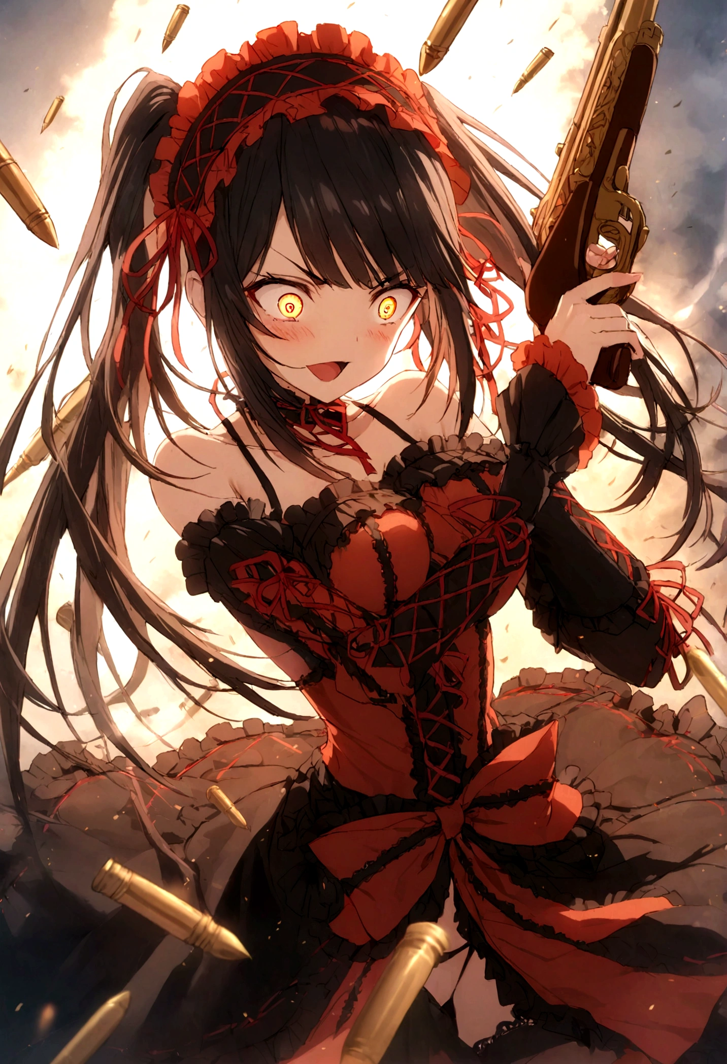 crazy, devil eyes, Tokisaki Kurumi, holding guns, bullets