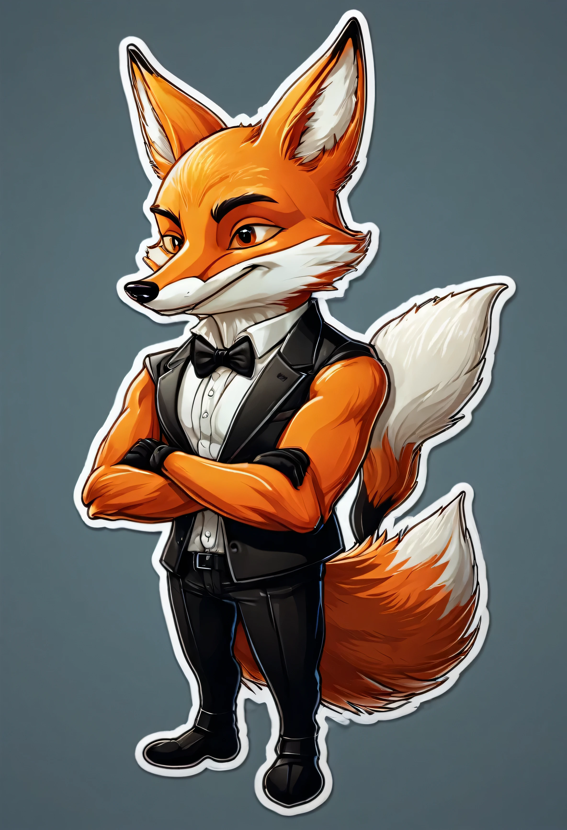 stickers of the character stern Fox stands with his arms crossed smiling sarcastically in the style of Vladimir Suteev