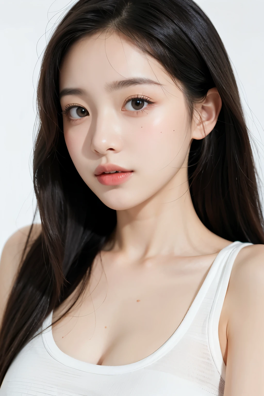 1girll, White background, body facing camera, The face shape and eyes are super delicate, Upper body shot, Head shot