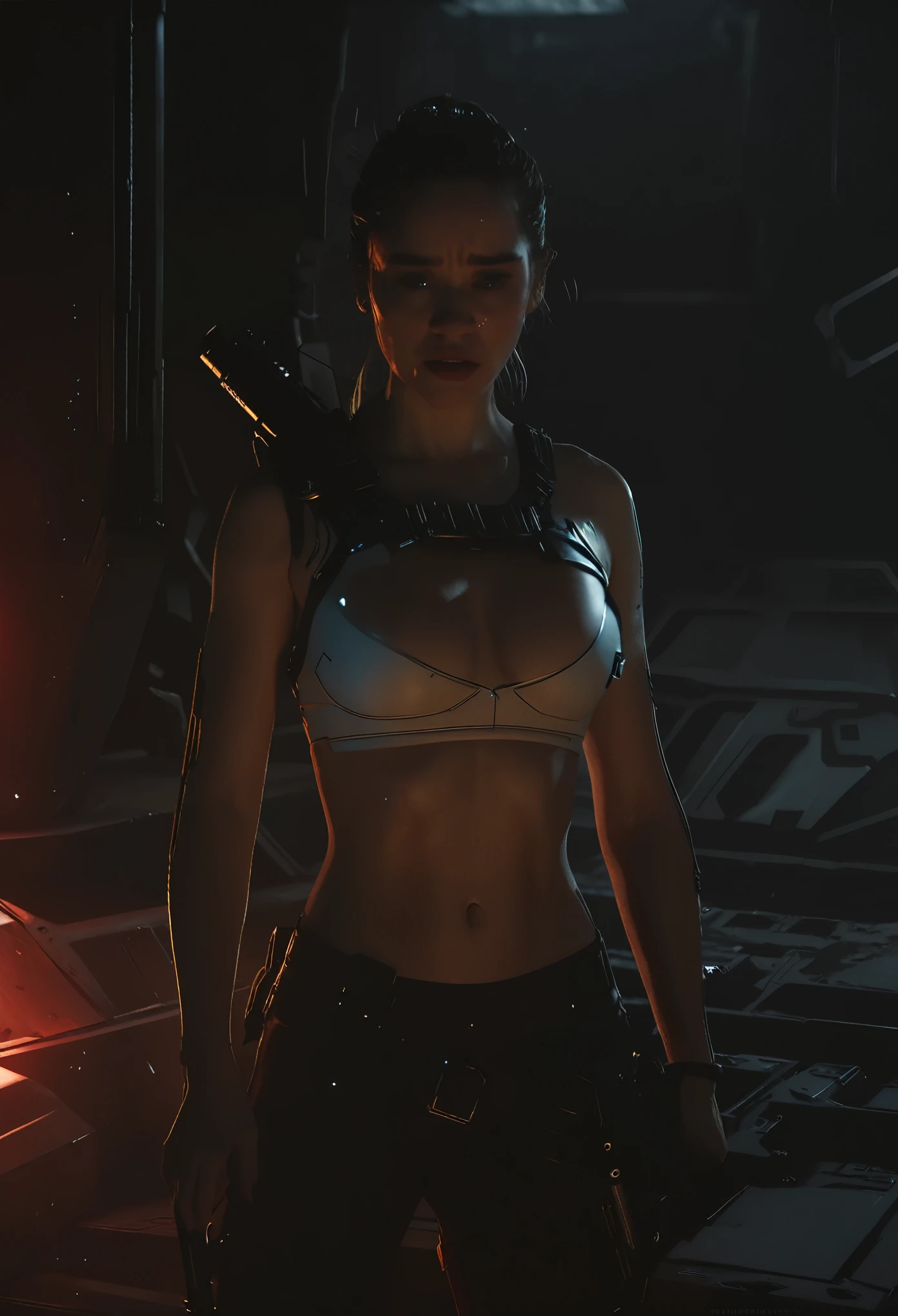 photorealistic photo of a Hot cleverage open torso wearing armor tank top ponytail scared terrified Sci fi Emilia Clarke holding a sci fi pistol on Dark ishimura haunted abandoned Horror Space Ship photography, photorealism, cinematic rendering, ray tracing, the highest quality, the highest detail, Cinematic, Third-Person View, Blur Effect, Long Exposure, 8K, Ultra-HD, Natural Lighting, Spooky Red mist Moody Lighting, Cinematic Lighting