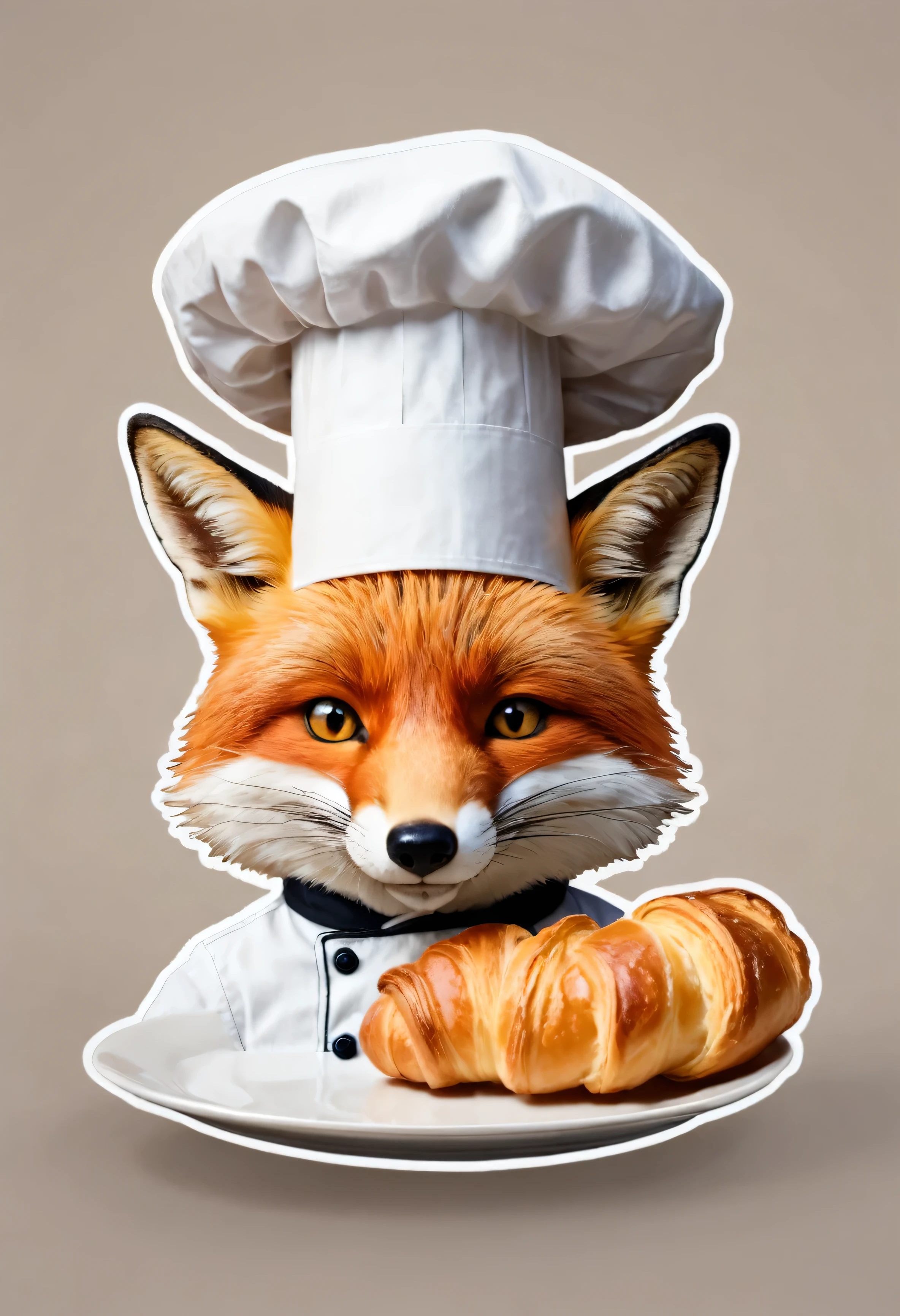 stickers of the character stern Fox in a chef's hat holds a plate of French croissants and licks his lips in the style of Vladimir Suteev