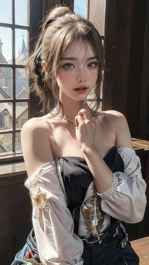 (best quality,4k,8k,highres,masterpiece:1.2), ultra-detailed, (realistic,photorealistic,photo-realistic:1.37),(beautiful detailed eyes, beautiful detailed lips, extremely detailed eyes and face, long eyelashes),studio lighting,physically-based rendering,vivid colors,(big tits, super big tits, super extra big tits),(ponytail hairstyle),(natural smile expression),(earrings, choker, ring, maid's clothing),(soft lighting),(chic),(oblique composition),