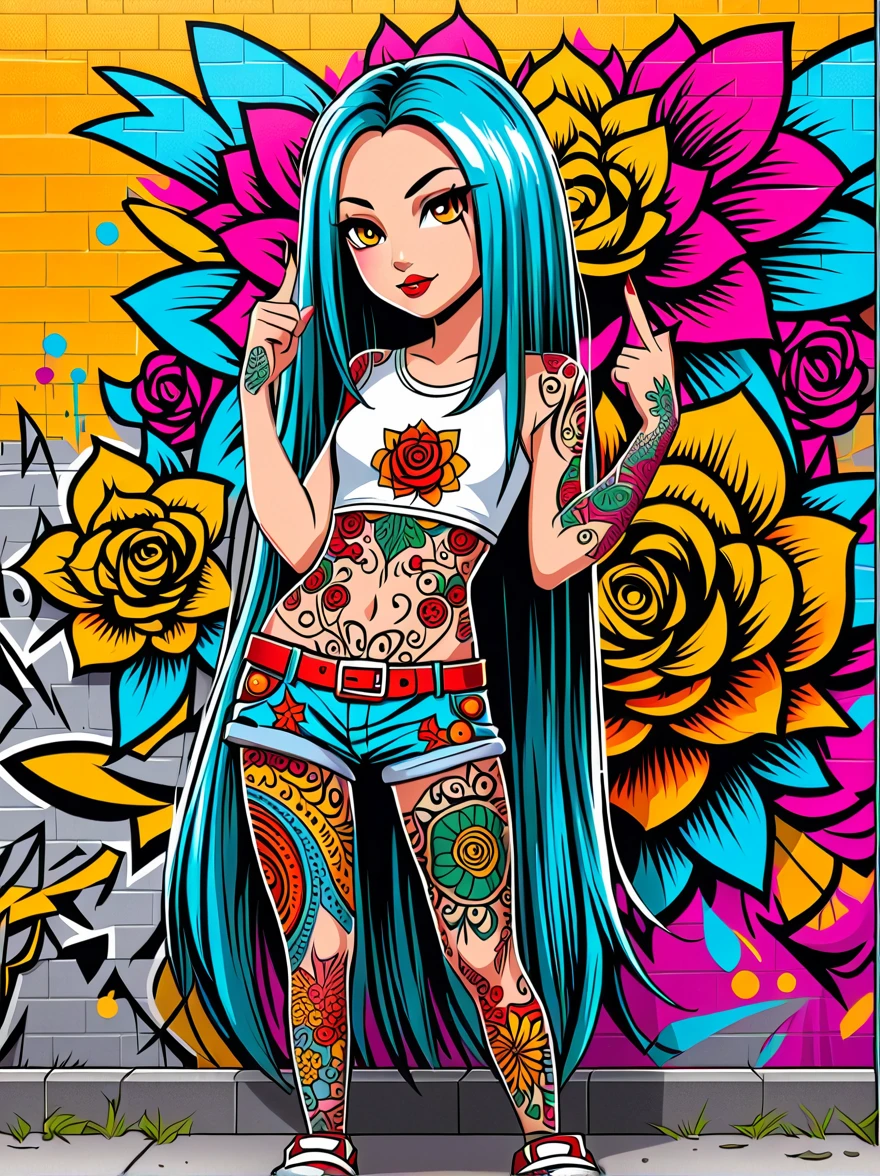 (Rebellious European girl),Brightly colored tattoos on arms and legs,(Middle finger raised:1.3),Provocative gestures,Flowing long hair,Arrogant expression,Graffiti art style,Bold and bright colors,It should be surrounded by intricate,Detailed flowers and mandalas,Comic Art,Anatomically correct, Textured Skin, Standing in front of a graffiti style background,Add whimsy to the scene, To enhance the sharpness and modernity of the scene,Sharp lines,Bold brushstroke numbers