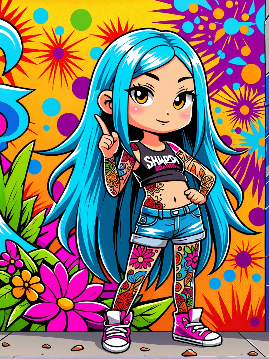 (Rebellious European girl)，Brightly colored tattoos on arms and legs，(Middle finger raised:1.3)，Provocative gestures，Flowing long hair，Arrogant expression，Graffiti art style，Bold and bright colors，It should be surrounded by intricate，Detailed flowers and mandalas，Comic Art，Anatomically correct, Textured Skin, Standing in front of a graffiti style background，Add whimsy to the scene, To enhance the sharpness and modernity of the scene，Sharp lines，Bold brushstroke numbers