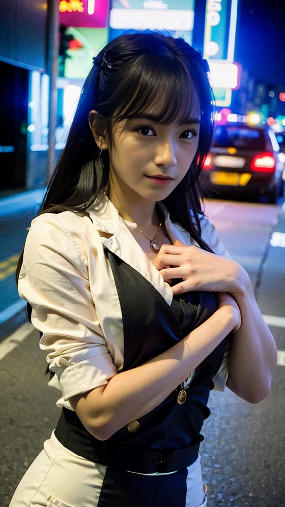 Masterpiece, (best quality:1.4), ultra high res, master photography, professional color grading, depth of fields, rule of third, 50mm, film grain, (photorealistic:1.4), cinematic lighting, chromatic abberation, 1girl, wearing suit, detailed face, detailed eyes, flat chest, looking at viewer, front view, cowboy shot, Hong Kong street background, night, city light, blurry background, sfw