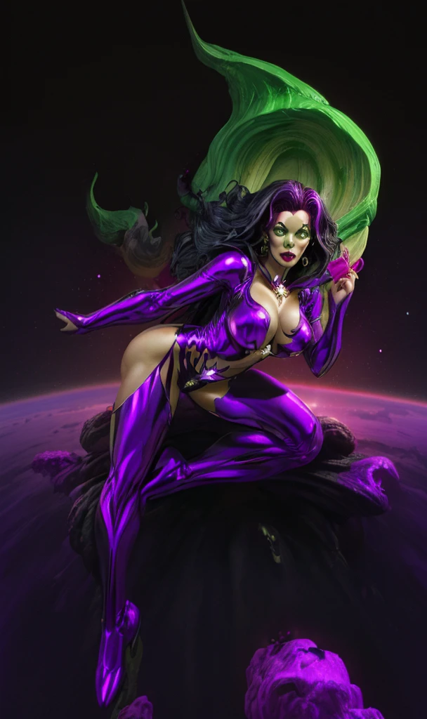((stsapph2024)) a beautiful ((lady death )) with ((green skin)), curly black hair, (((wearing a violet suit))), floating in space, 5 detailed fingers, high quality, masterpiece, photorealistic, raw photo, depth of field, full body