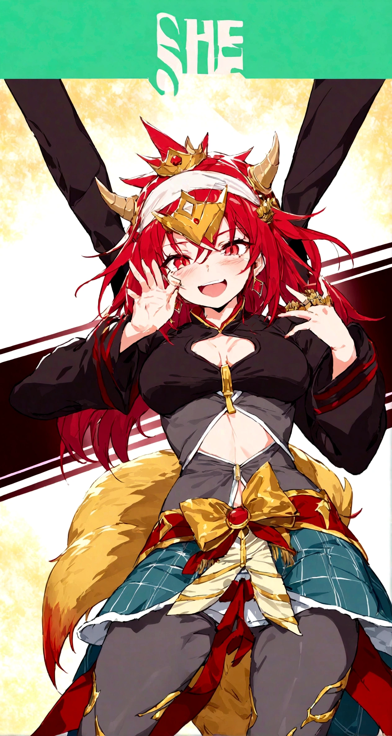 She is a tall teen woman with a toned body, her hair is long and spiky white and has golden tips with tufts that look like little horns on the sides of the fringe, her eyes are red with a golden cross that reaches to the edge of her iris, she is wearing a black short jacket with a yellow fur covering grey short pants and a red belt on her, She wears a headband in the shape of a white metal ring-shaped bow that appears to simulate a crown. It is seen floating around her forehead, Ultra Resolution, Ultra detail, ((top-quality)), ((masterpiece)), (detailed)