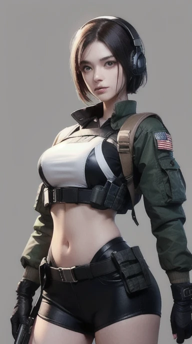a woman in a white outfit holding a rifle and wearing headphones, 24-year-old woman, Korean woman, tan bronze skin, soldier girl, mechanized soldier girl, military girl, beautiful female soldier, female lead character, infantry girl, Women in crop top military bulletproof vest, ((showing navel)), exposed abdomen area, quiet from metal gear solid v, wearing tactical gear, dressed in tactical armor,