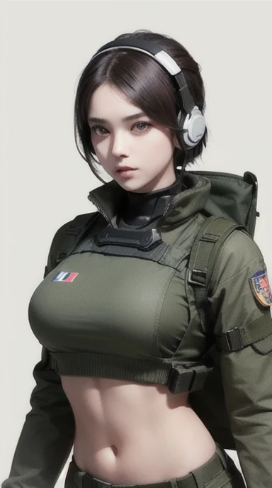 a woman in a white outfit holding a rifle and wearing headphones, 24-year-old woman, Korean woman, tan bronze skin, soldier girl, mechanized soldier girl, military girl, beautiful female soldier, female lead character, infantry girl, Women in crop top military bulletproof vest, ((showing navel)), exposed abdomen area, quiet from metal gear solid v, wearing tactical gear, dressed in tactical armor,