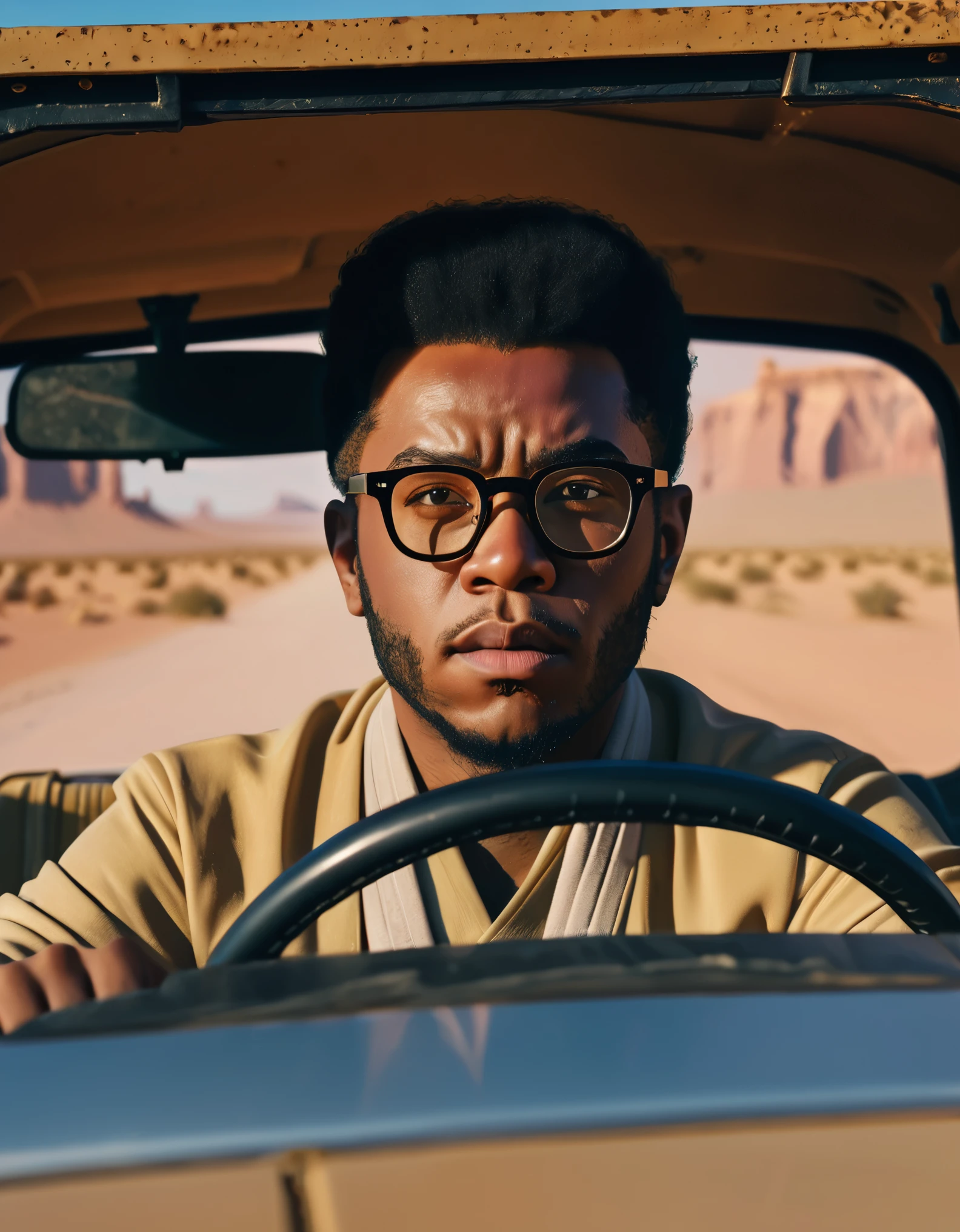 a man with glasses driving a vehicle in the desert, a character portrait, by Michael Komarck, afrofuturism, children's gambino, face-on head shot, humvee, thick neck, anorld render, twoface, afroamerican, hyper realistic absurd, mixed-race, starwars, realistic cartoon, RAW photo, 8k uhd, dslr, soft lighting, high quality, film grain, Fujifilm XT3, (high detailed skin:1.2)