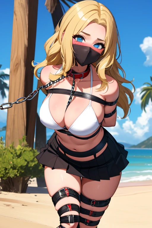 1 girl, detailed blue eyes, lange wimpern, detailed beautiful face, (very Long blonde hair:1.4), festgebunden, (arms behind back:1.6), gefesselte Arme, (blushing:1.3), (Big boobs:1.1), OTN, White OTN gag, Gag, gagged, shibari over clothes, (black skirt, White Bikini top:1.4), in her knees in a beach Club, knieend, tied gag, nah aufnahmen, (Chain leash, collar, Viewer Holding leash:1.4)