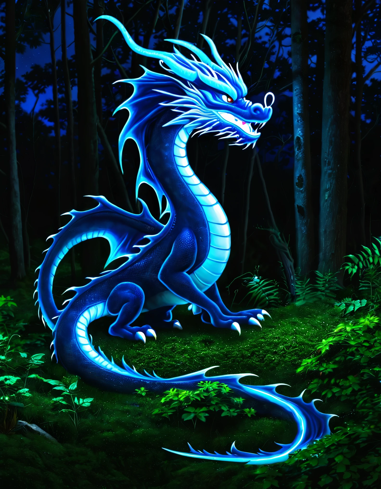 Blue Lightening Dragon in the woods at night.