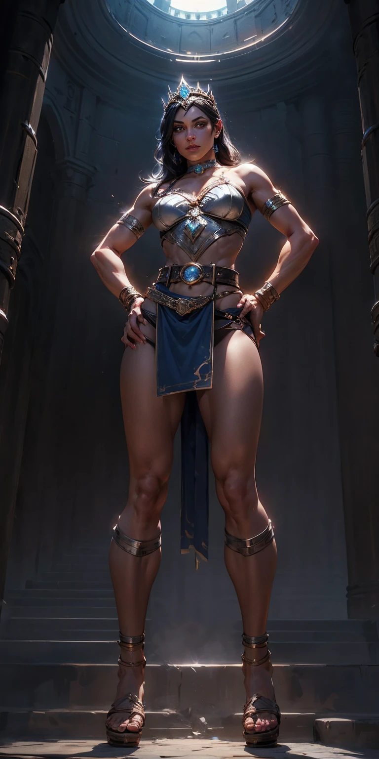 full body, whole body. loincloth standing, hands on hips full body, 1solo (girl). slave fighter, metal sandals, choker, big belt, view from below, feet together, bracers, tiara