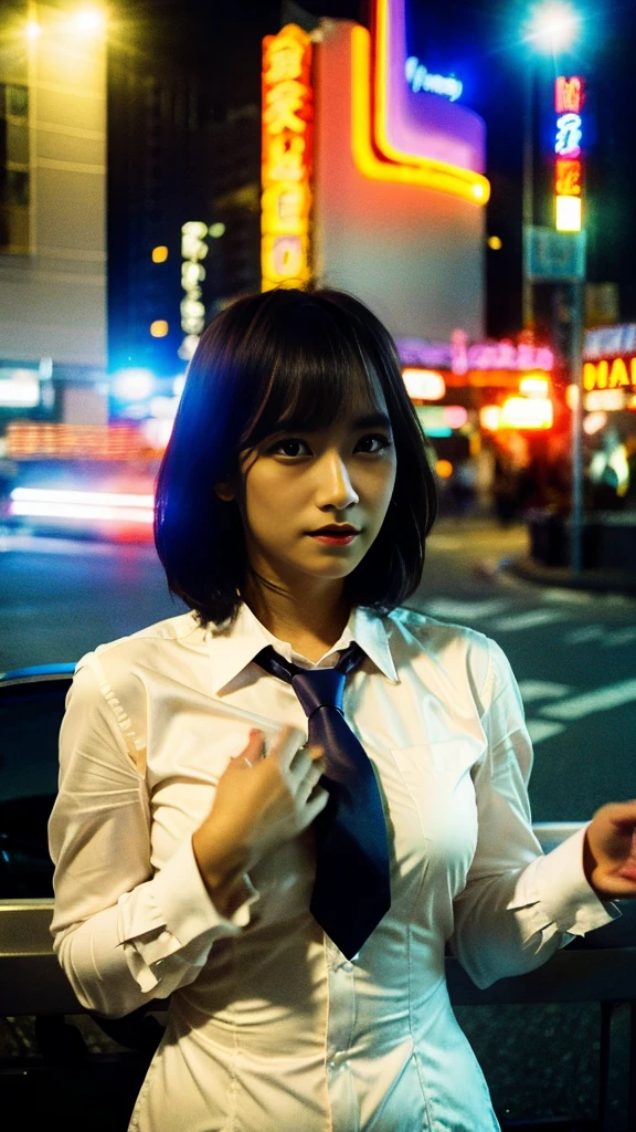 Masterpiece, (best quality:1.4), ultra high res, master photography, professional color grading, depth of fields, rule of third, 50mm, film grain, (photorealistic:1.4), cinematic lighting, chromatic abberation, 1girl, short hair, wearing suit, detailed face, detailed eyes, flat chest, looking at viewer, front view, cowboy shot, Hong Kong street background, night, city light, blurry background, sfw