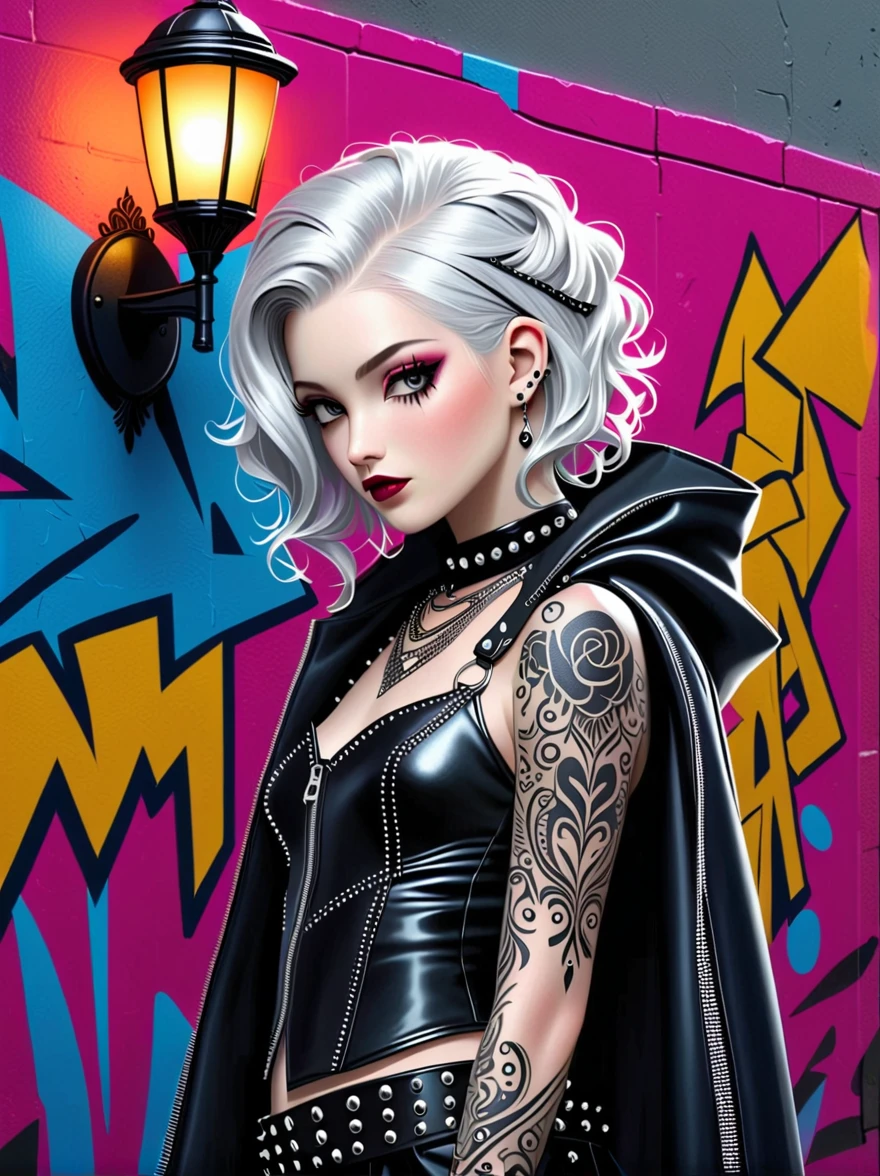 Punk style, Fantasy Gothic, 1girl, Curly white hair,Draped over the shoulders,Silver eyes reflecting the moonlight,Fascinating,Wearing an outfit reminiscent of a late 2000s pop music video,Her clothing is decorated with various metals and rivets,Her face is dotted with multiple piercings,The skin is covered with intricate tattoos,Complementing her appearance,Under dim street lamps,Anatomically correct, Textured Skin, Standing in front of a graffiti style background,Add whimsy to the scene, To enhance the sharpness and modernity of the scene,Sharp lines,Bold brushstroke numbers
