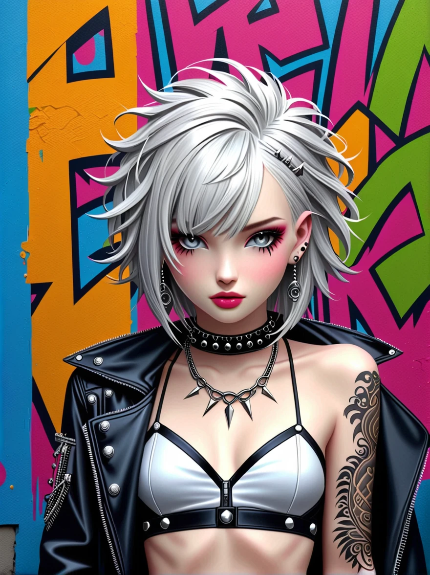 Punk style, Fantasy Gothic, 1girl, Curly white hair,Draped over the shoulders,Silver eyes reflecting the moonlight,Fascinating,Wearing an outfit reminiscent of a late 2000s pop music video,Her clothing is decorated with various metals and rivets,Her face is dotted with multiple piercings,The skin is covered with intricate tattoos,Complementing her appearance,Under dim street lamps,Anatomically correct, Textured Skin, Standing in front of a graffiti style background,Add whimsy to the scene, To enhance the sharpness and modernity of the scene,Sharp lines,Bold brushstroke numbers
