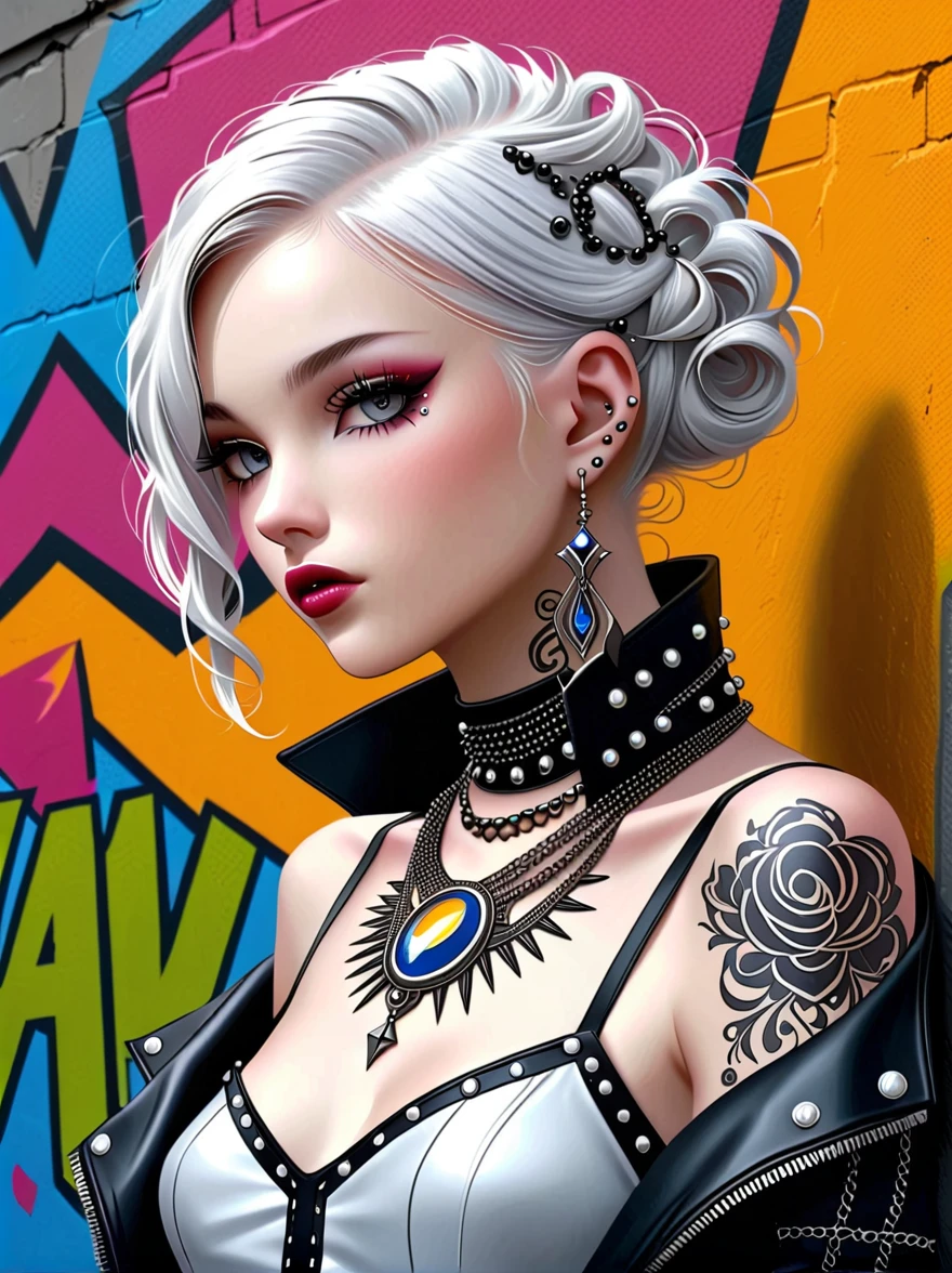 Punk style, Fantasy Gothic, 1girl, Curly white hair,Draped over the shoulders,Silver eyes reflecting the moonlight,Fascinating,Wearing an outfit reminiscent of a late 2000s pop music video,Her clothing is decorated with various metals and rivets,Her face is dotted with multiple piercings,The skin is covered with intricate tattoos,Complementing her appearance,Under dim street lamps,Anatomically correct, Textured Skin, Standing in front of a graffiti style background,Add whimsy to the scene, To enhance the sharpness and modernity of the scene,Sharp lines,Bold brushstroke numbers