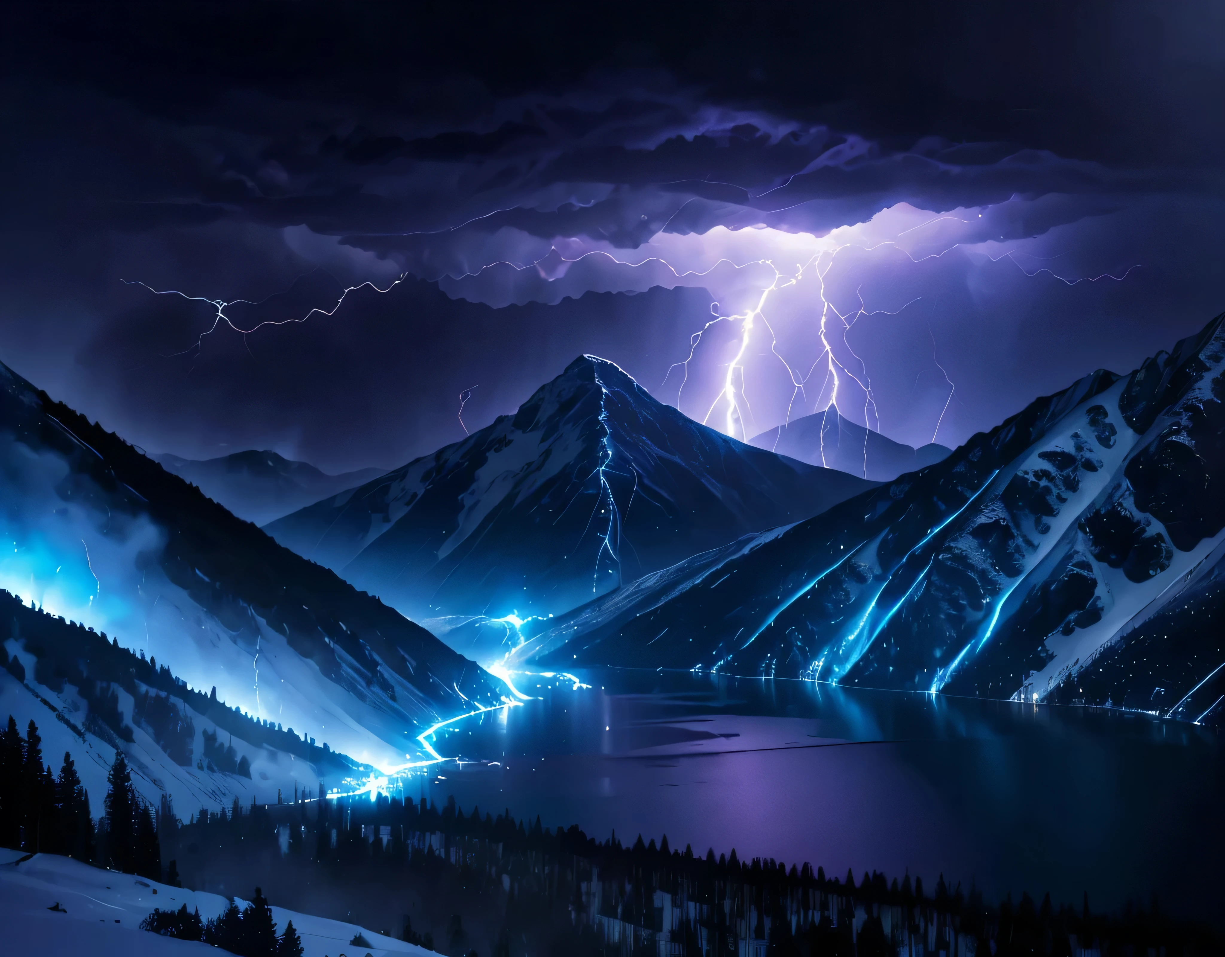 A single photo、Dynamic Shot、Yellowish lightning reflects off the lake surface、Close-up shot of an intense yellow lightning bolt、Multiple violent lightning strikes、Rugged Mountain々、The mountain was covered with snow々、(Ultra-realistic:1.2), High resolution, (Bright colors, High resolution:1.1), (Sharp focus:1.1), (Physically Based Rendering:1.1), Tyndall effect, Colorful lights, (((Severe lightning strike)), Beautiful perspective, Contrasting Shadows, moving composition, Realistic landscape, unique configuration, Soft texture, Intricate details, Mysterious atmosphere, An artistic exploration of light and shadow,A world view that will captivate all who see it、The world of nature、Altitude 3000m