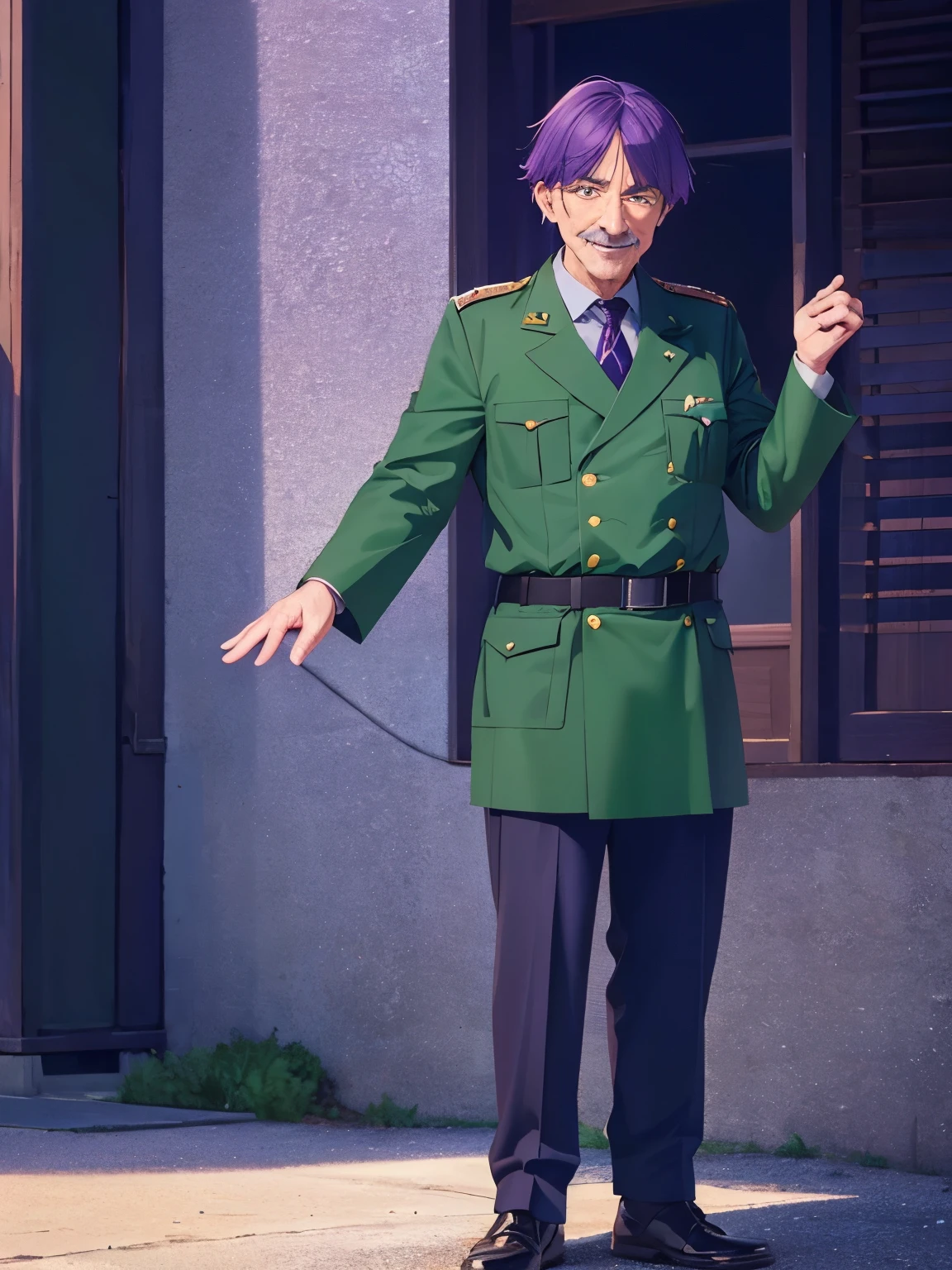 1 old man, 70 years old, short hair, smile, purple hair, green eyes, purple mustache, army uniform,ultra detail, ultra HD, standing,Thin body,half body photo