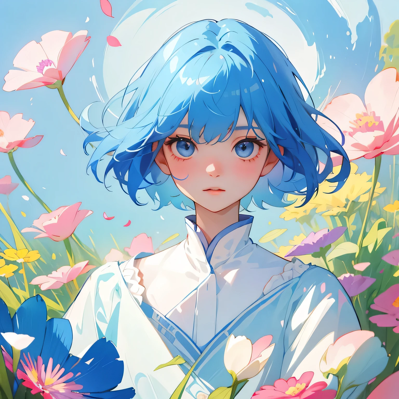 (highest quality、masterpiece、Surreal)、Portrait of a delicate girl with short blue hair、Playful and cute、Floating petals in the background、Holding the Earth in Your Arms